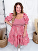 Red & White Gingham Puff Sleeve Midi Dress