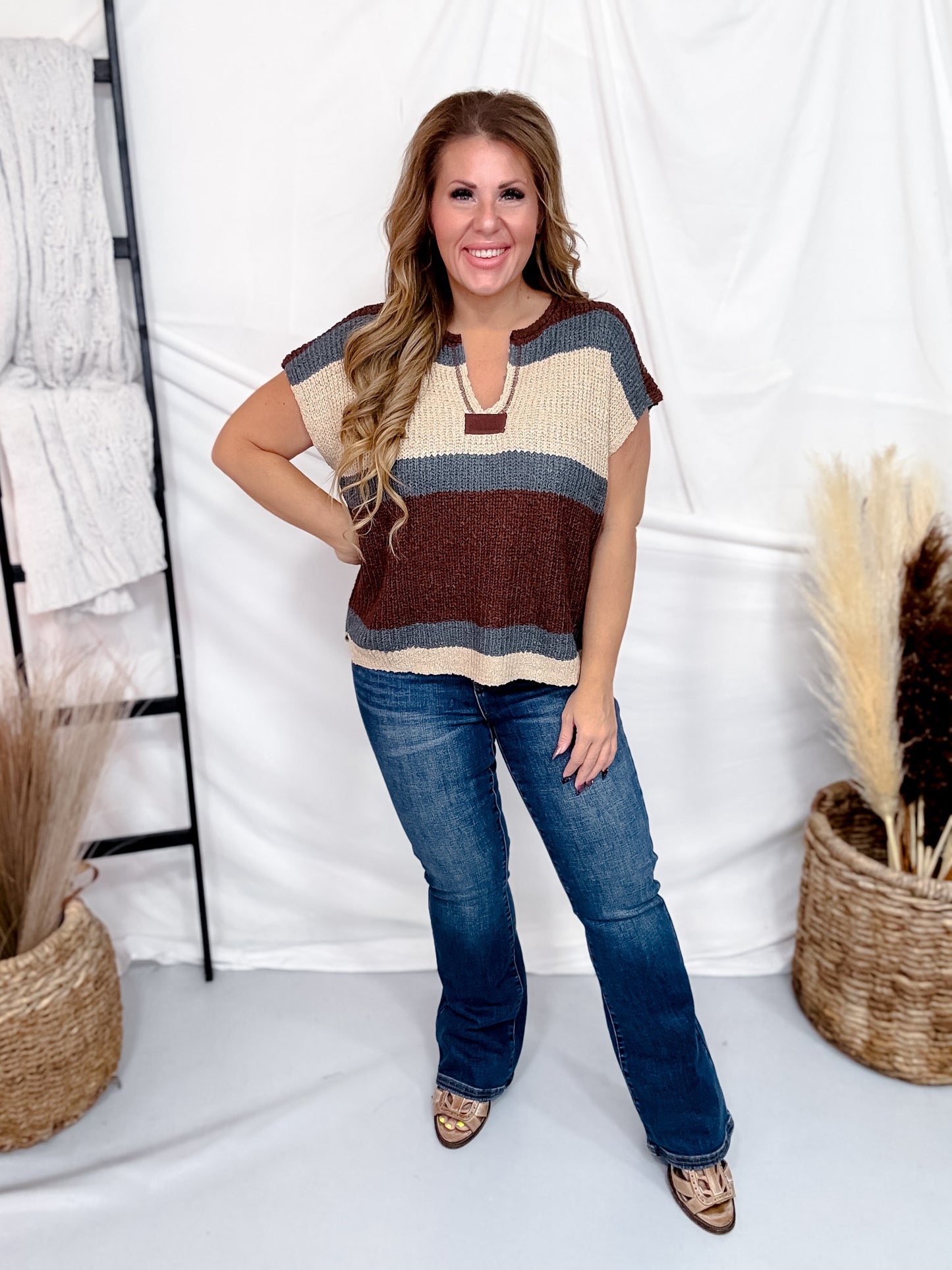 Mocha & Slate Blue Color Block Crochet Striped Top