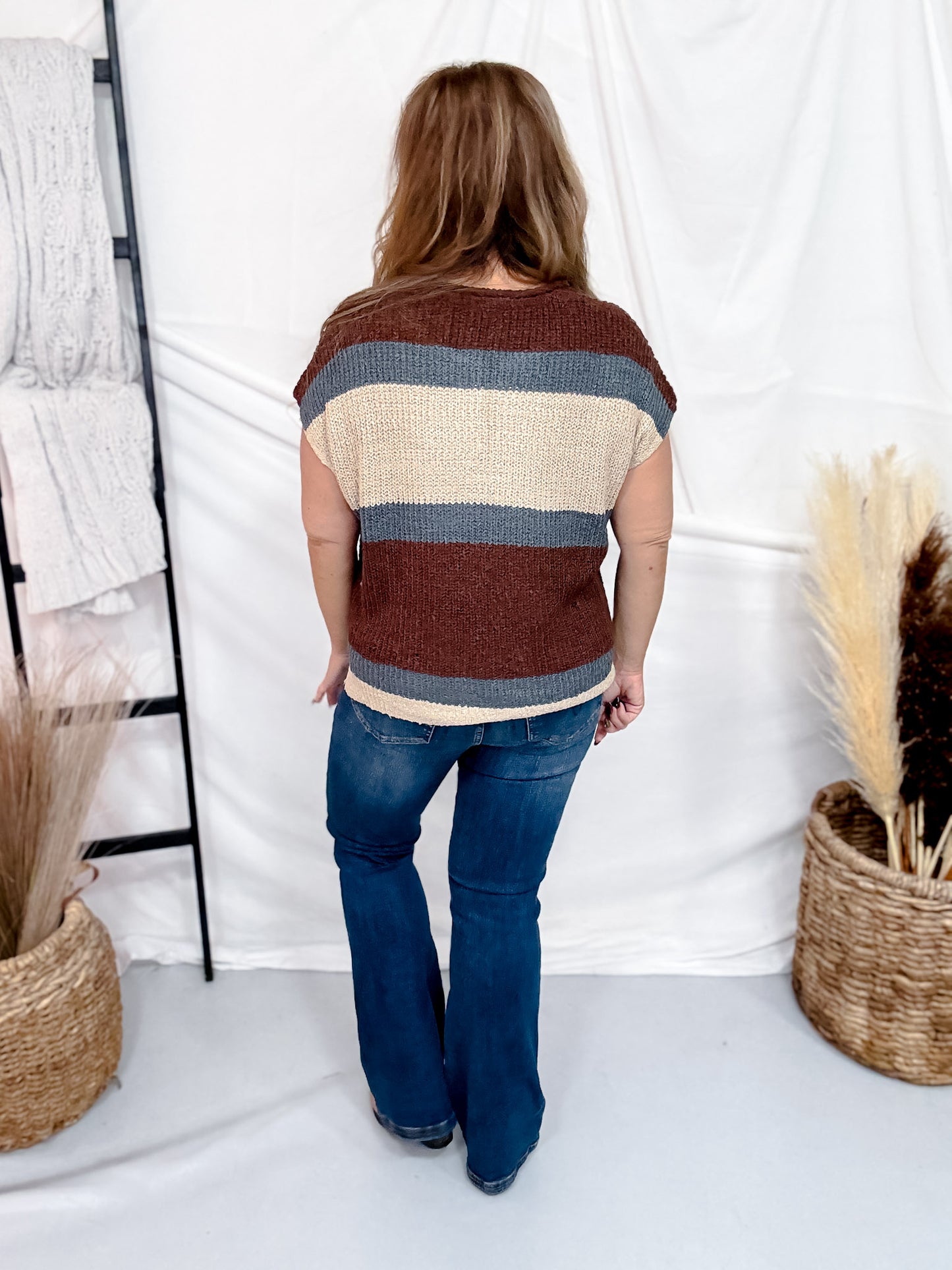 Mocha & Slate Blue Color Block Crochet Striped Top