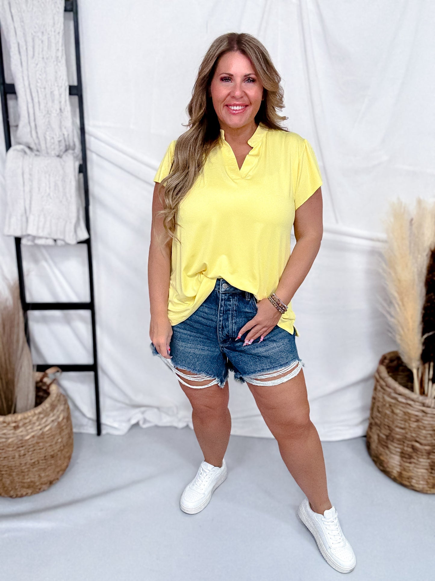 Yellow Split Neckline Top With Flutter Sleeves