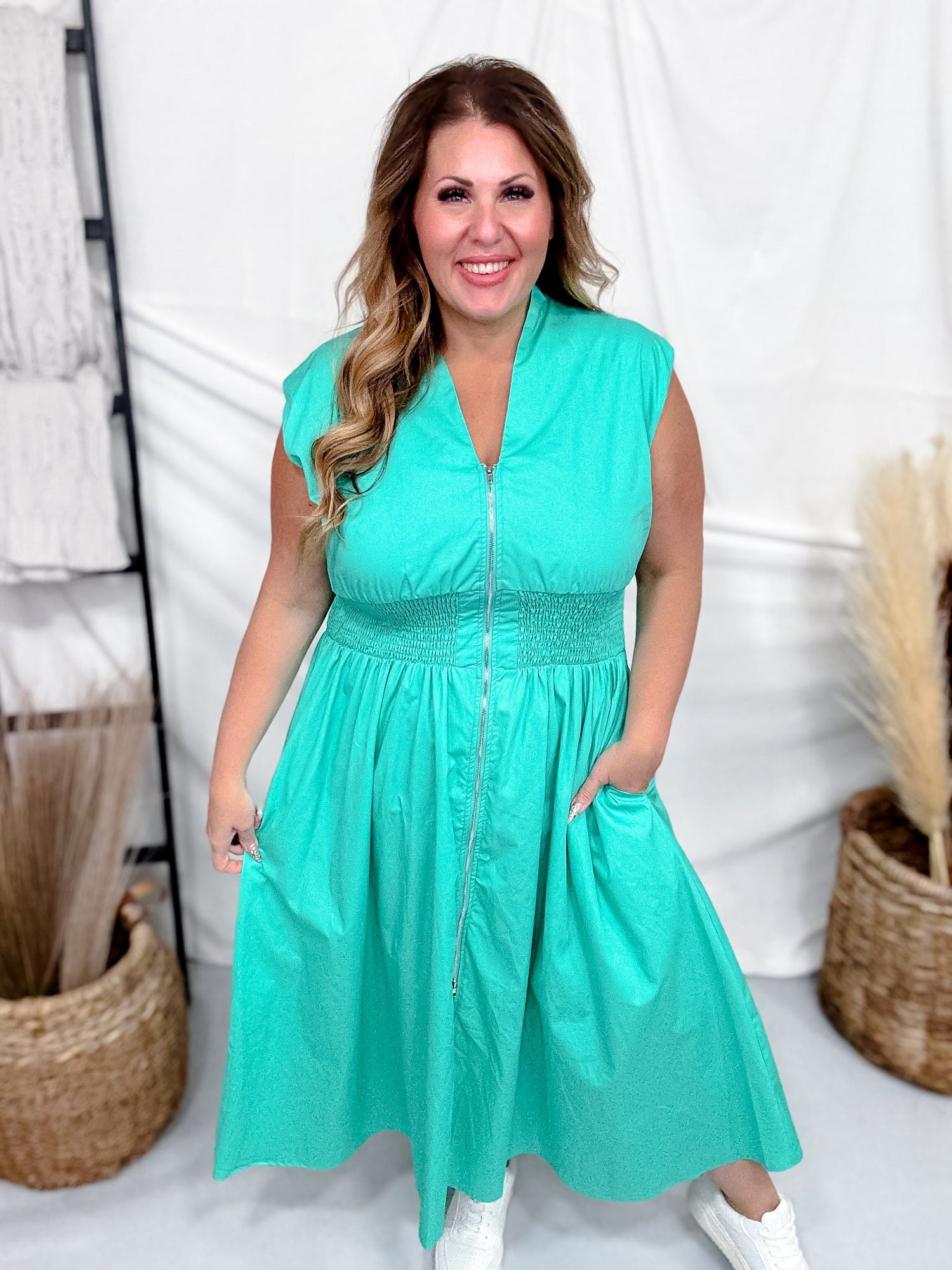 Jade Green Zipper Front Midi Dress With Smocked Waist