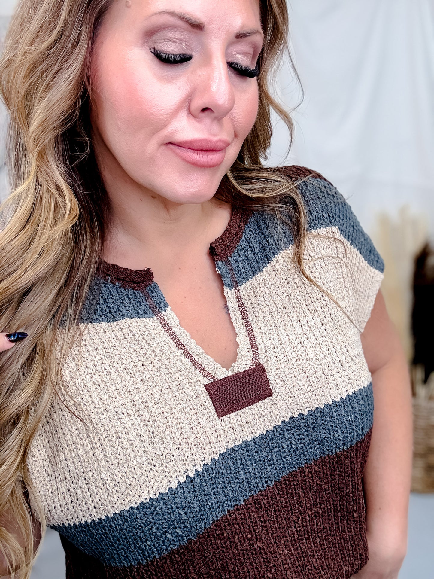 Mocha & Slate Blue Color Block Crochet Striped Top
