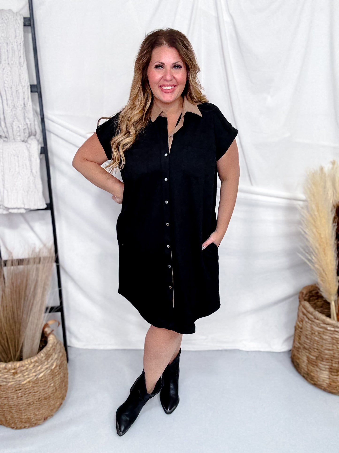 Black Twill Suede Shirt Dress With Tan Collar