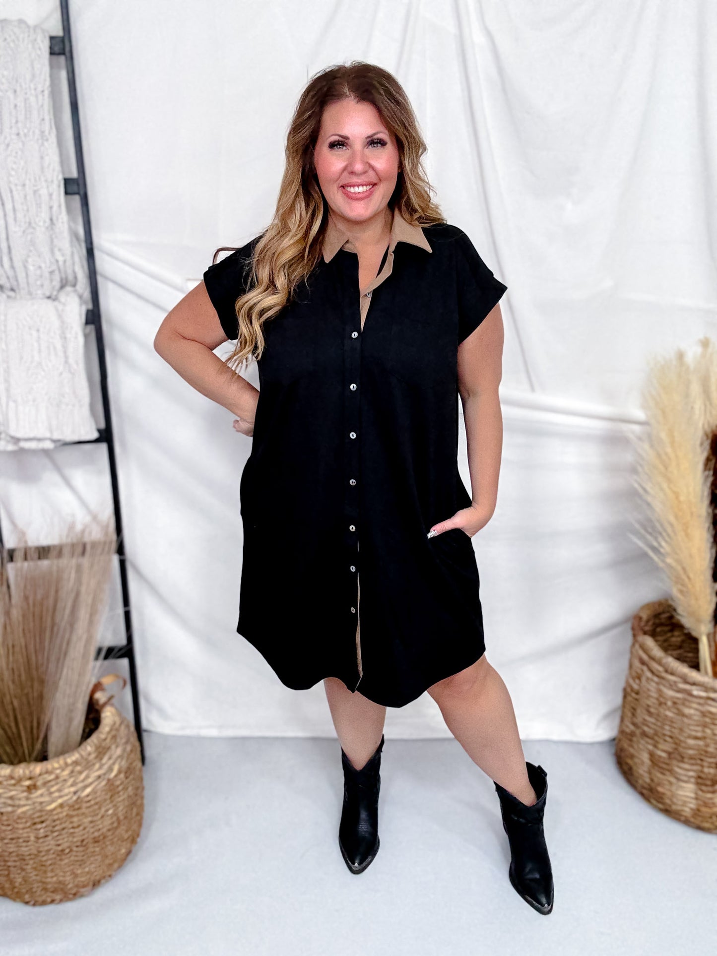 Black Twill Suede Shirt Dress With Tan Collar
