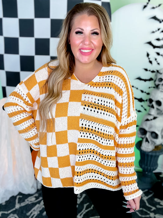 Orange Stripes & Checkered Crocheted Long Sleeve Top