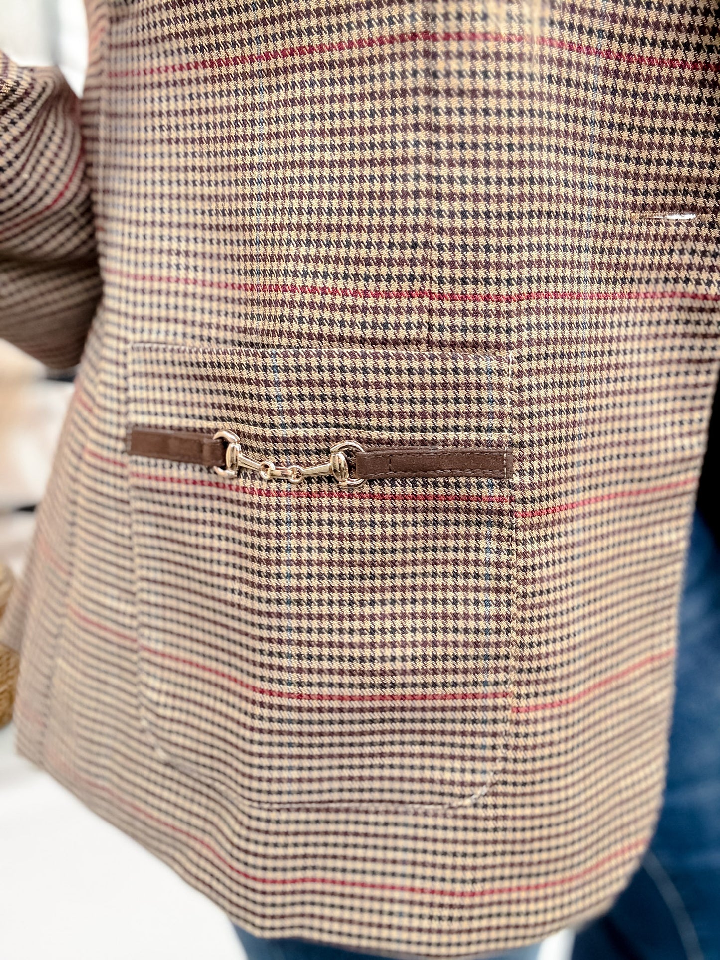 Brown Plaid Blazer With Contrasting Collar and Horse Bits