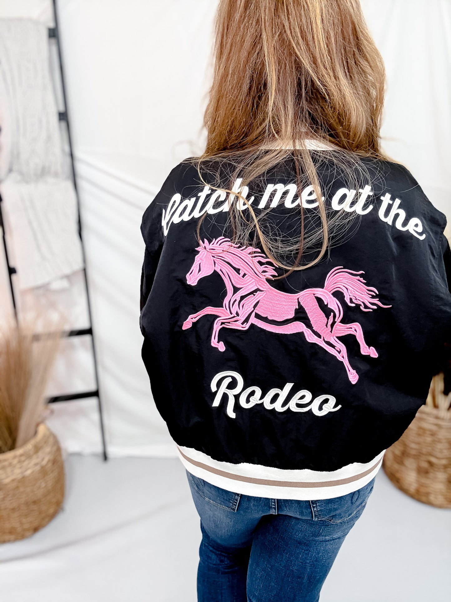 Black Retro Rodeo Embroidered Bomber Jacket