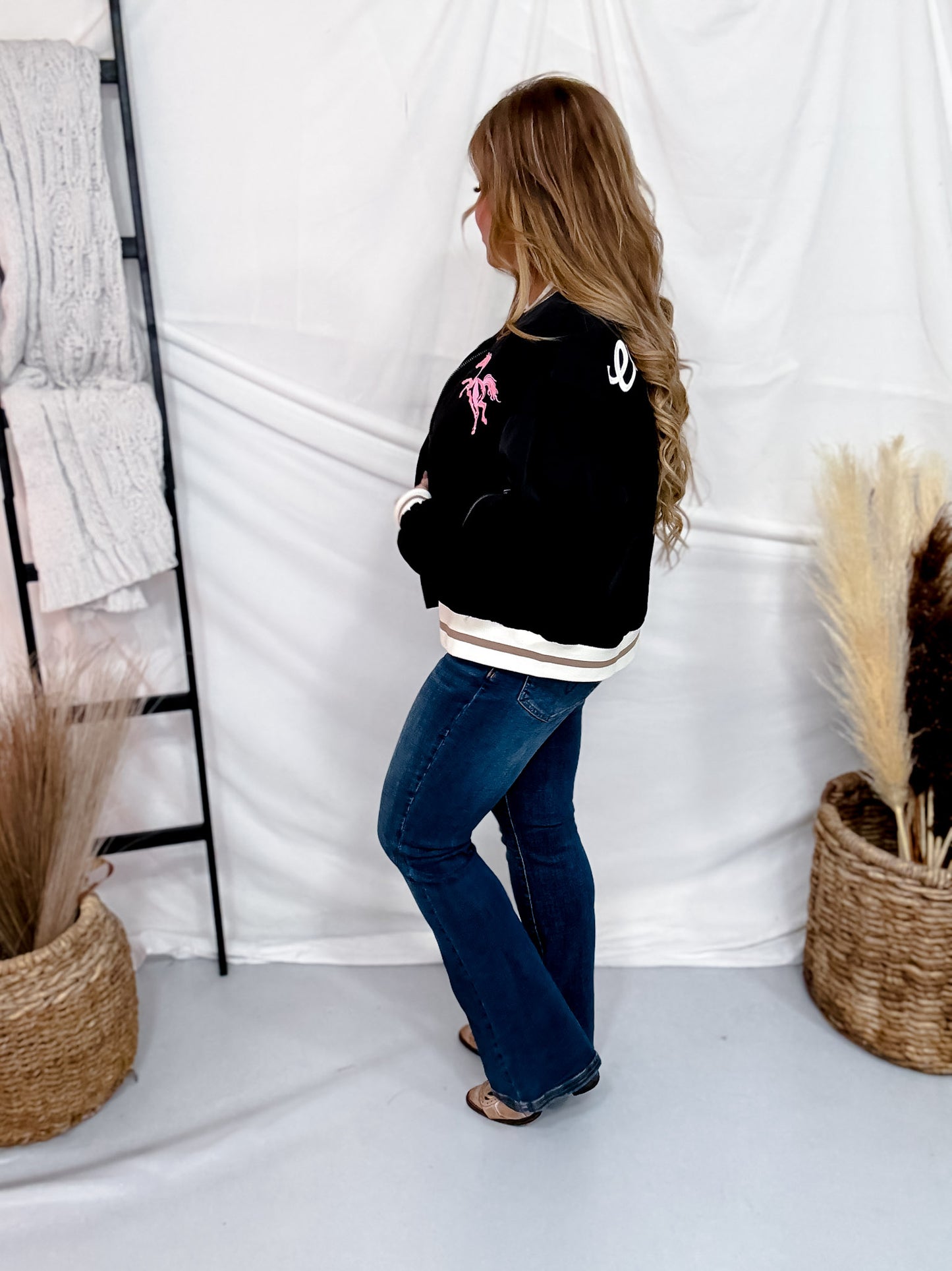Black Retro Rodeo Embroidered Bomber Jacket