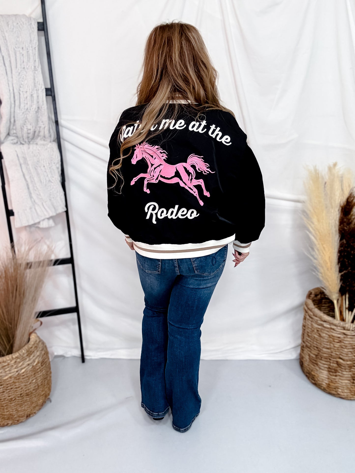 Black Retro Rodeo Embroidered Bomber Jacket