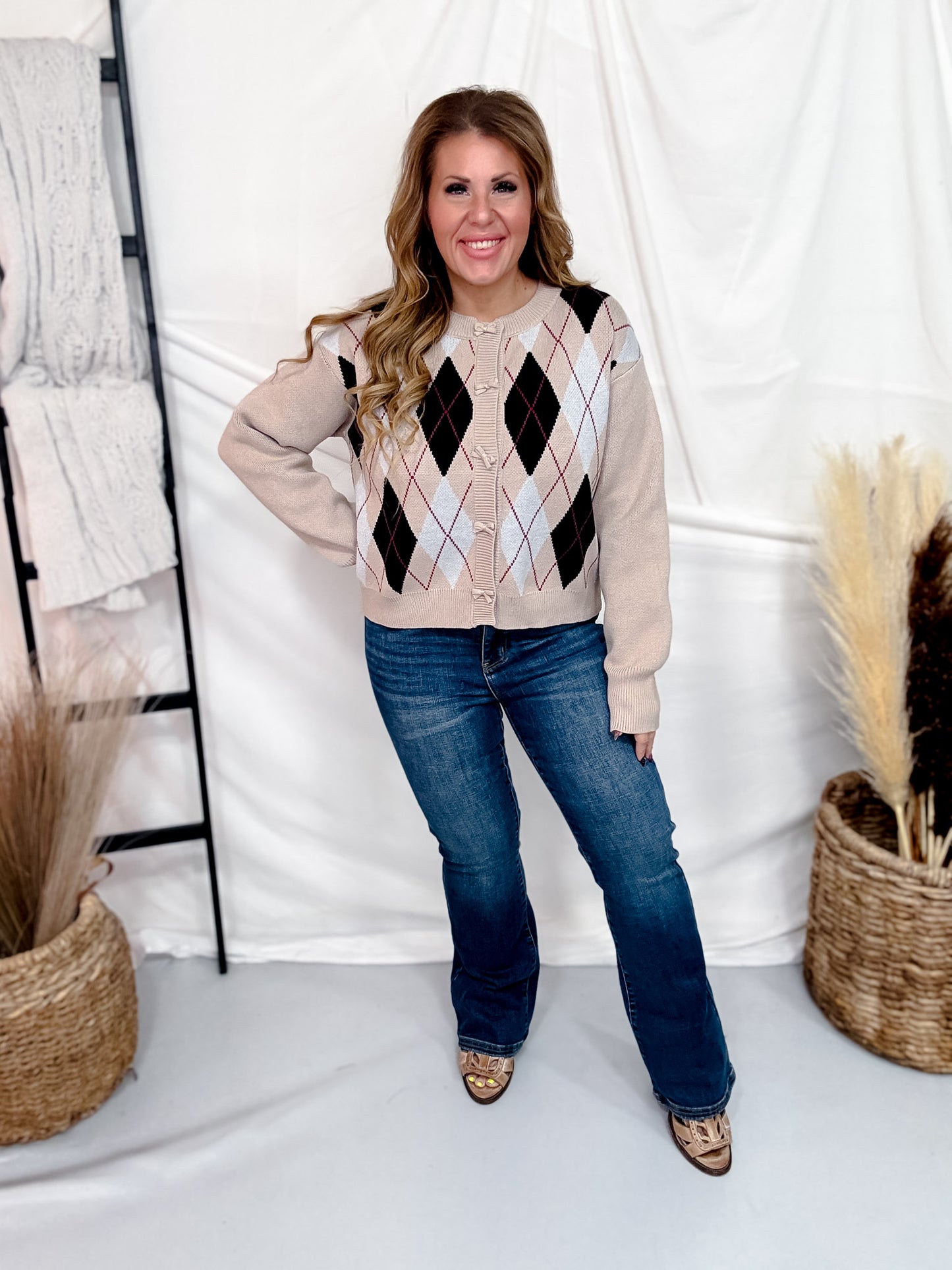 Khaki Argyle Knit Midi Cardigan With Bow Closures