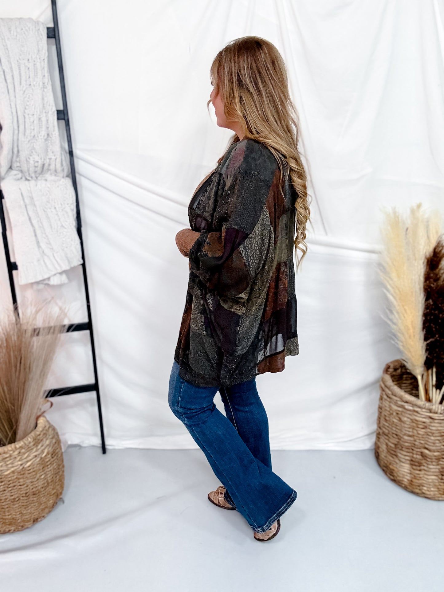 Open Front Patchwork Kimono With Bishop Sleeves