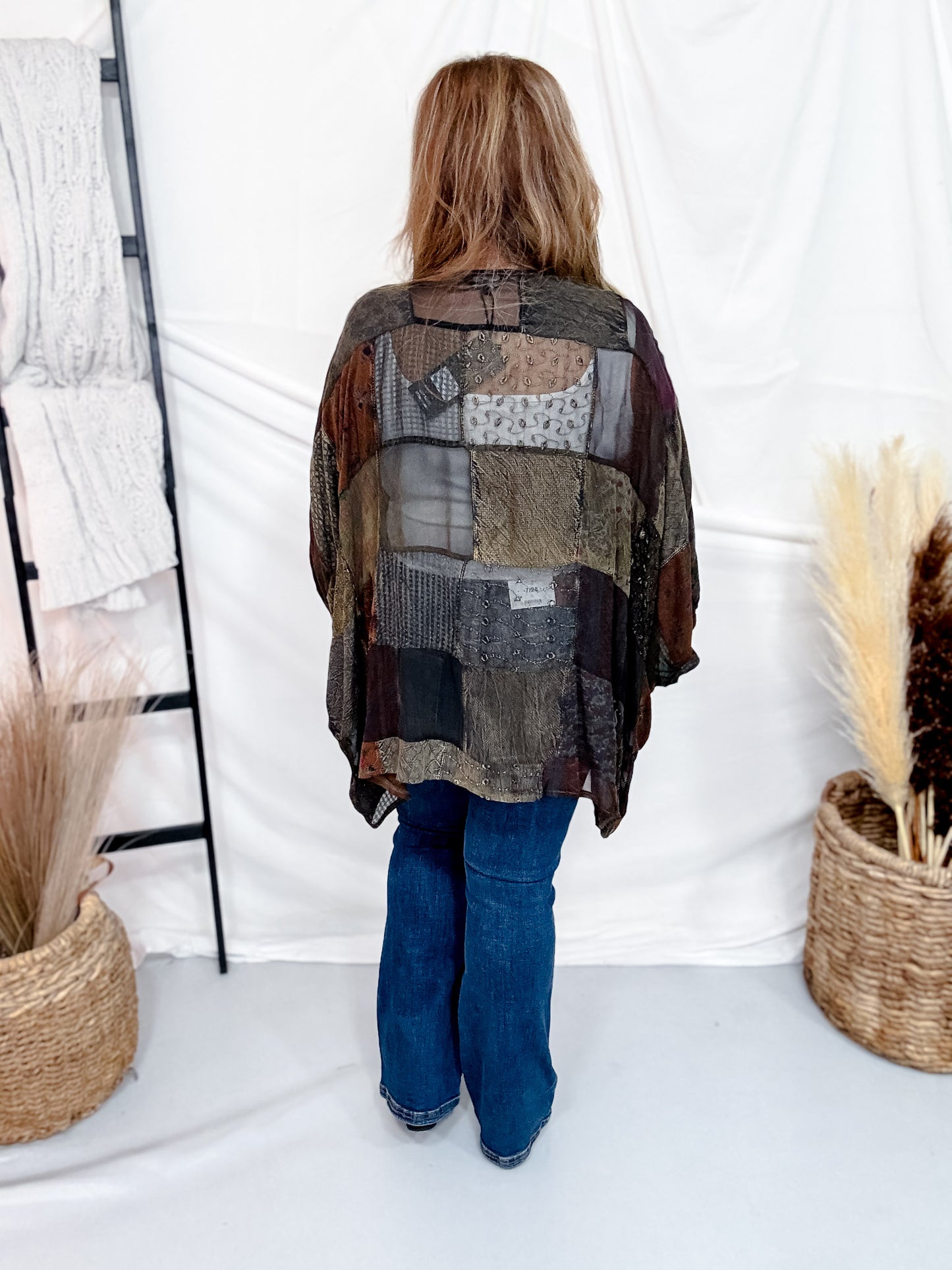 Open Front Patchwork Kimono With Bishop Sleeves