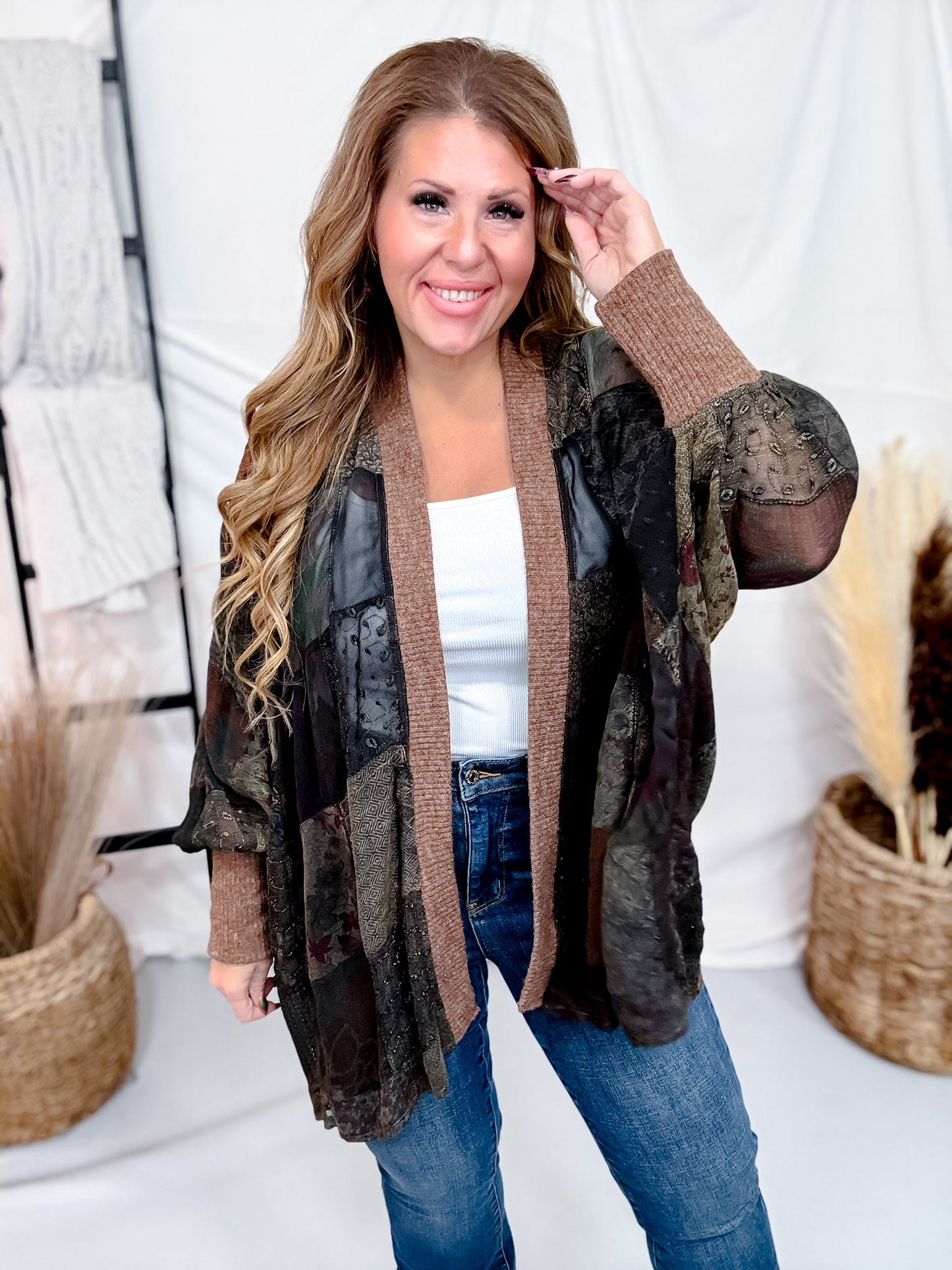 Open Front Patchwork Kimono With Bishop Sleeves