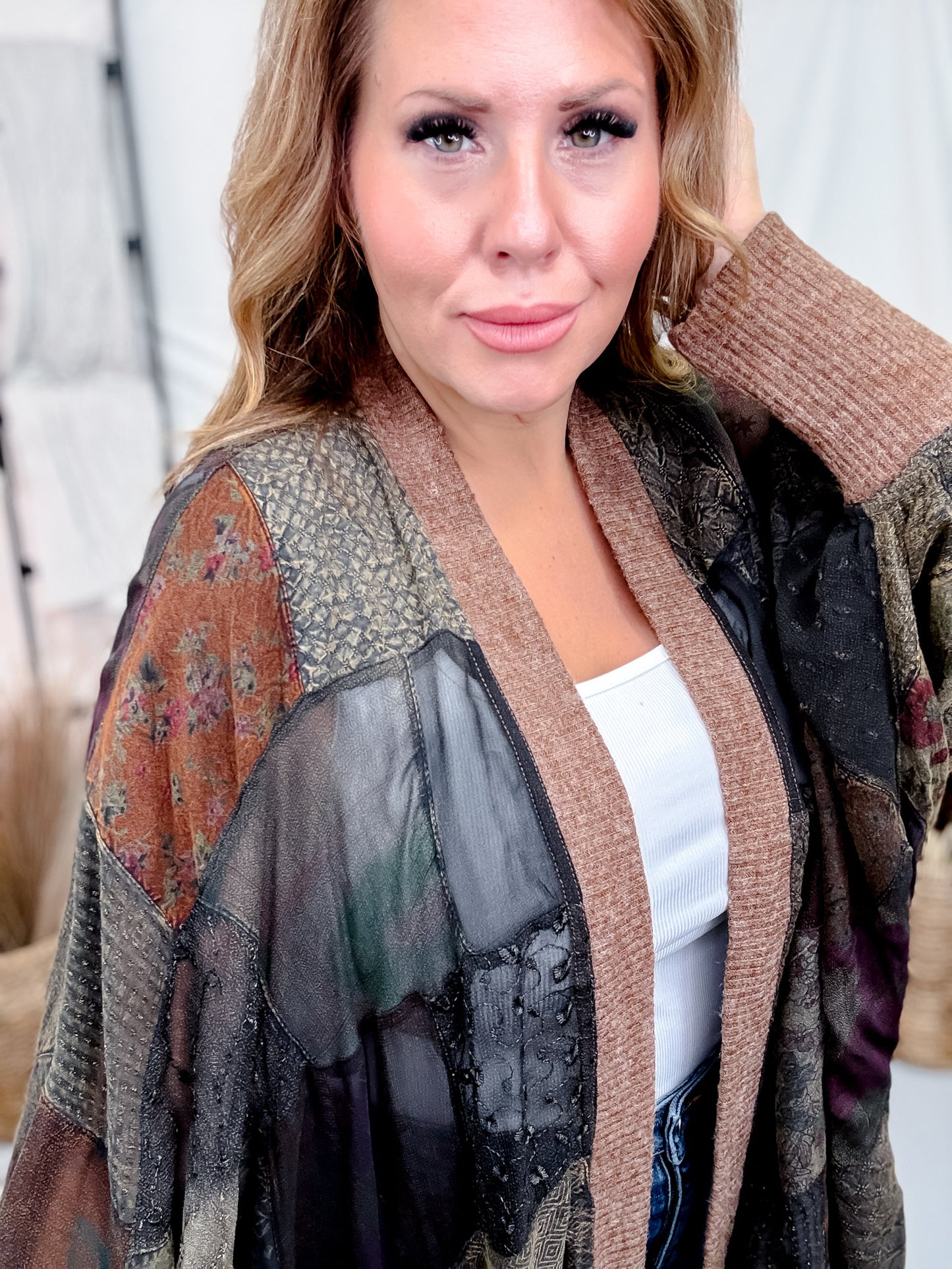 Open Front Patchwork Kimono With Bishop Sleeves