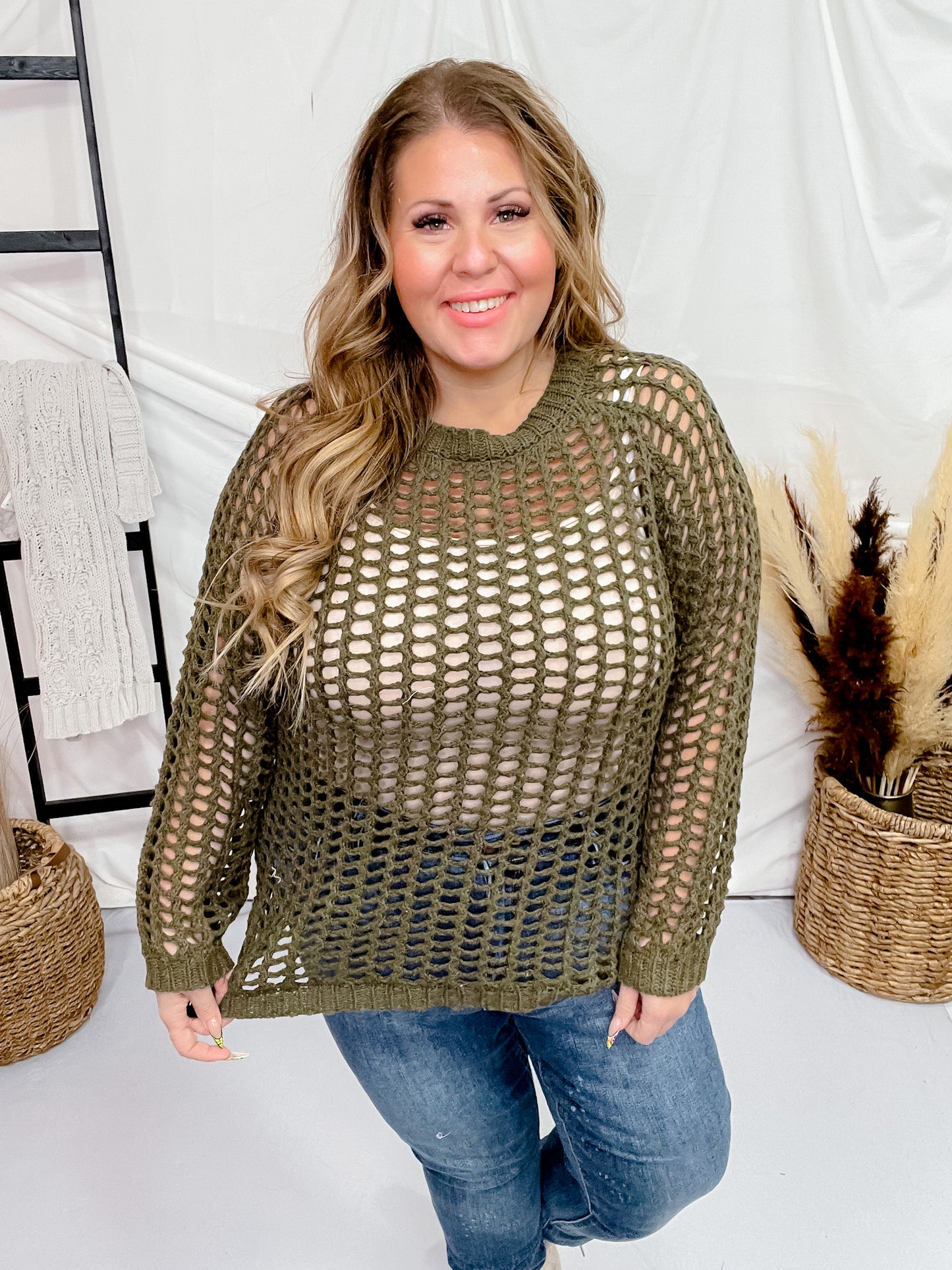 Olive Hollow Knit Long Sleeve Top