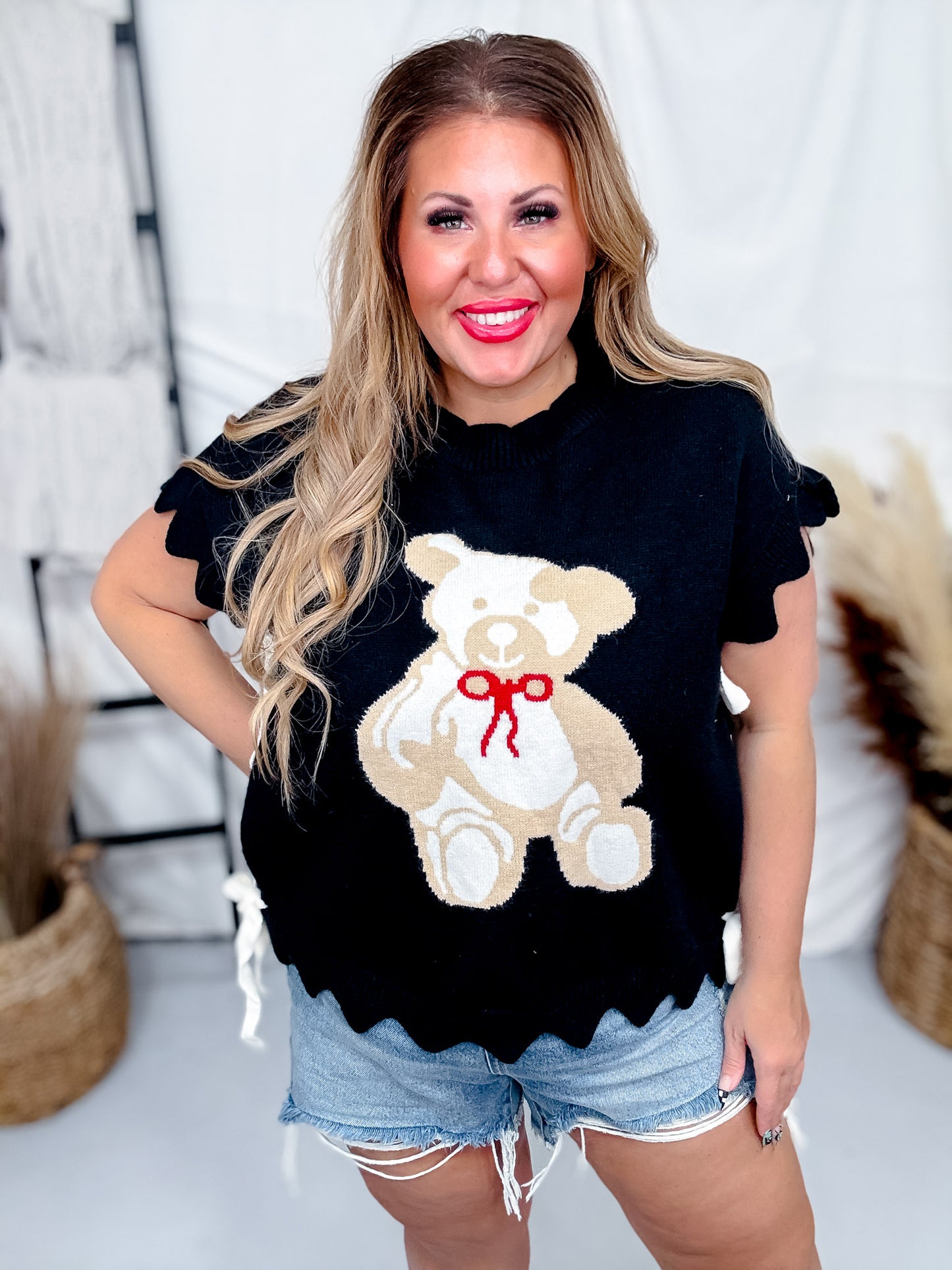 Teddy Bear Short Sleeve Sweater Top with Scalloped Detailing