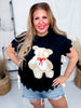 Teddy Bear Short Sleeve Sweater Top with Scalloped Detailing