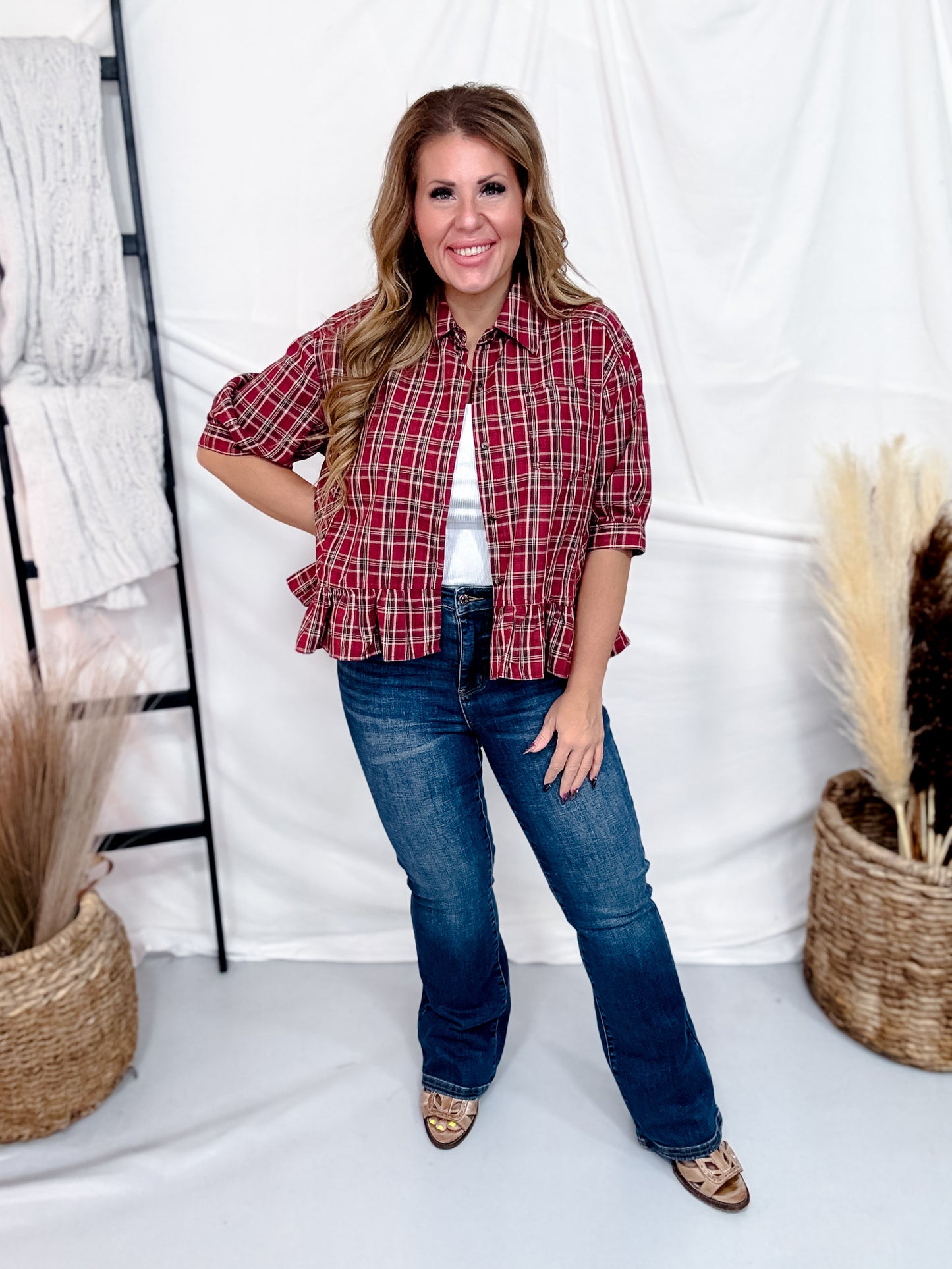 Burgundy Plaid Button Front Peplum Top