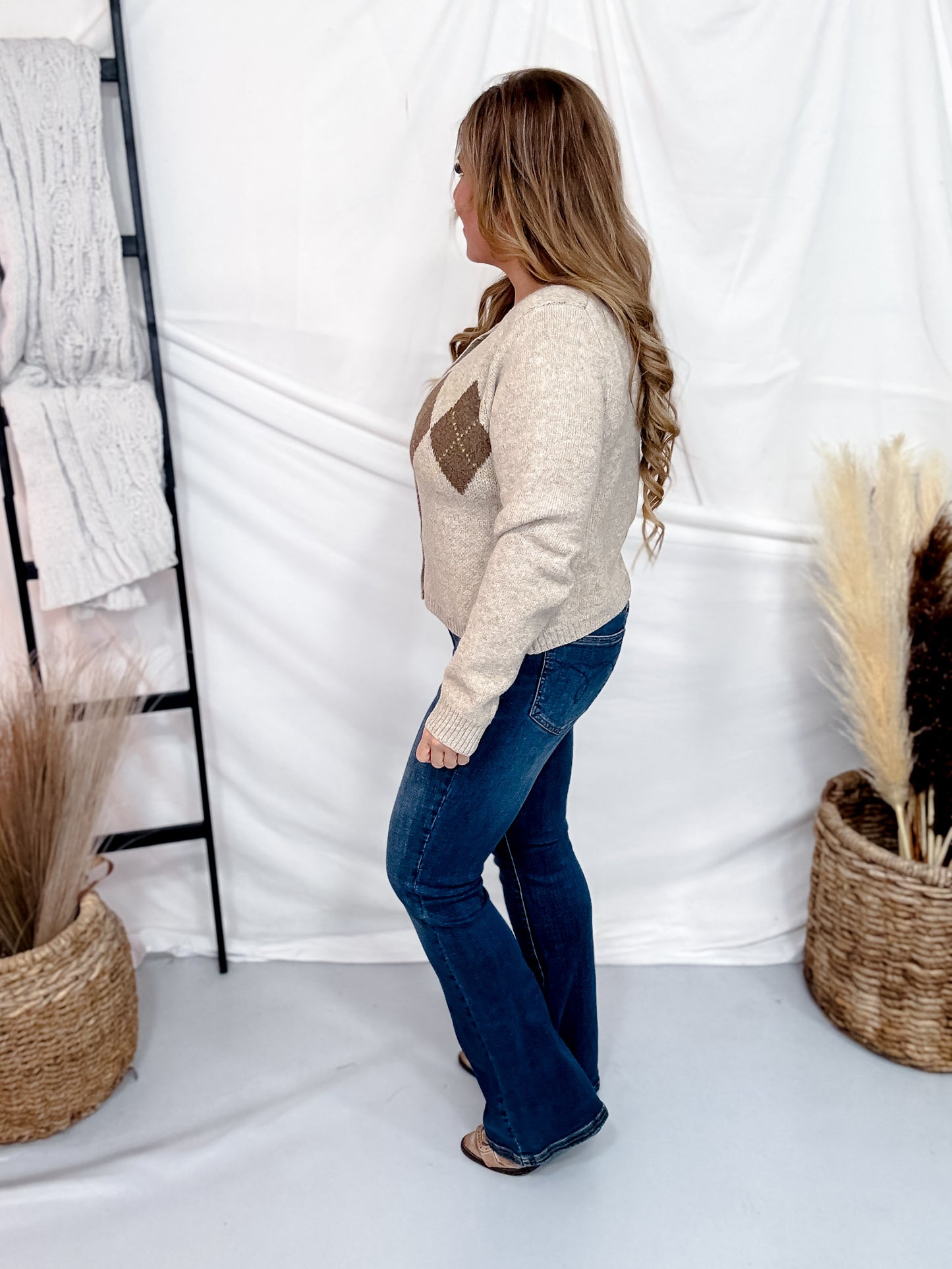 Taupe Argyle Print Button Front Cardigan