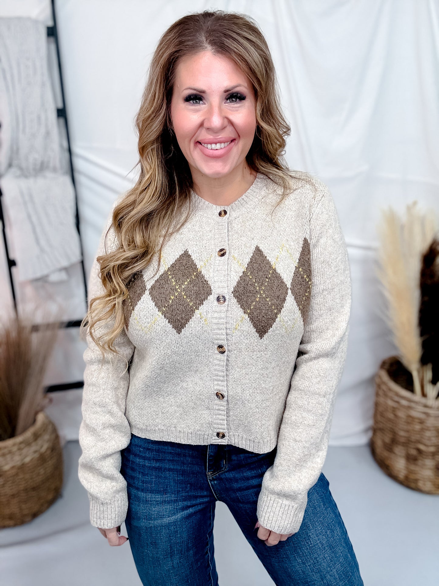 Taupe Argyle Print Button Front Cardigan