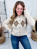 Taupe Argyle Print Button Front Cardigan
