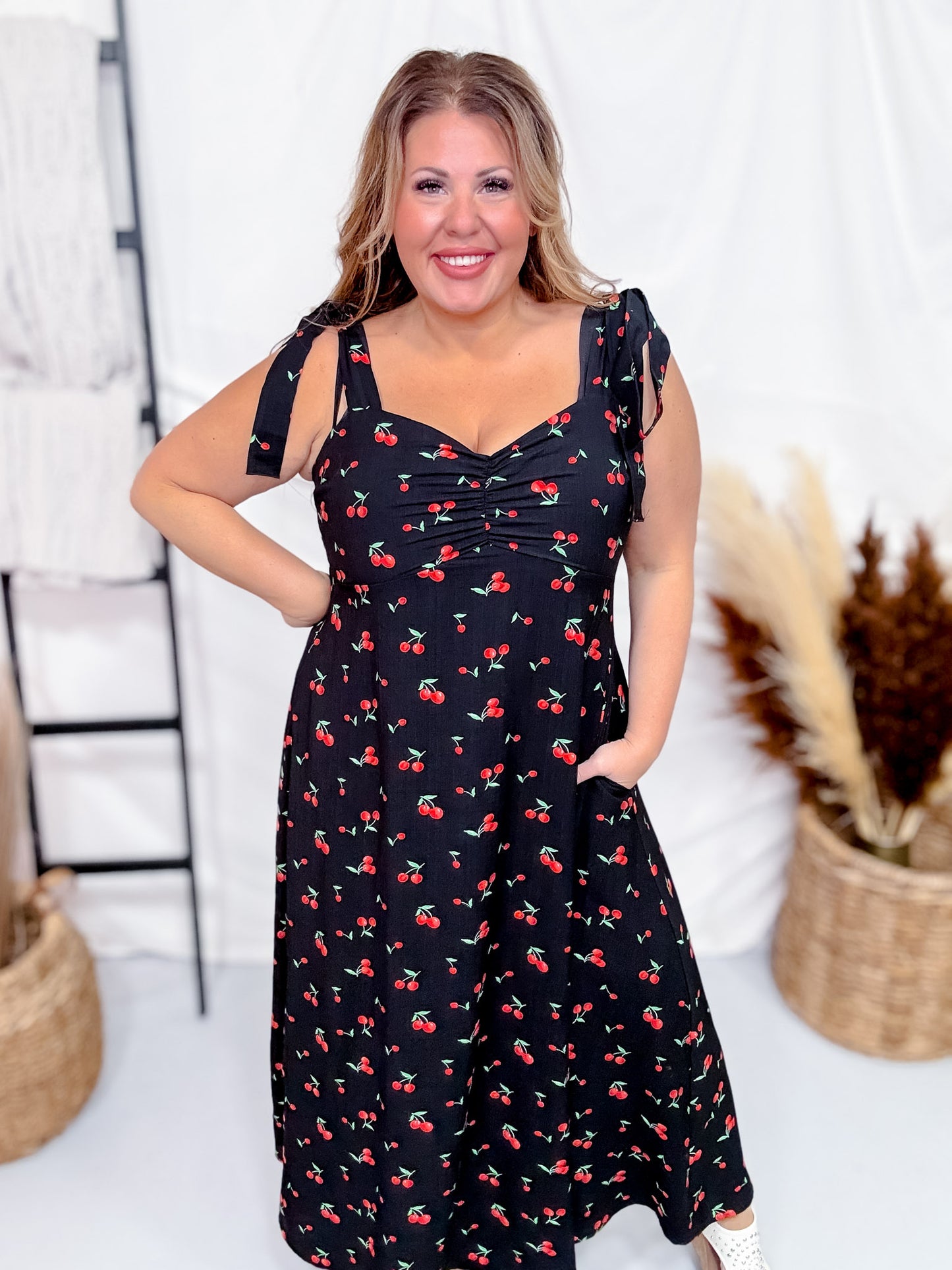 Cherry Print Black Midi Dress Whiskey Skies - Main Image