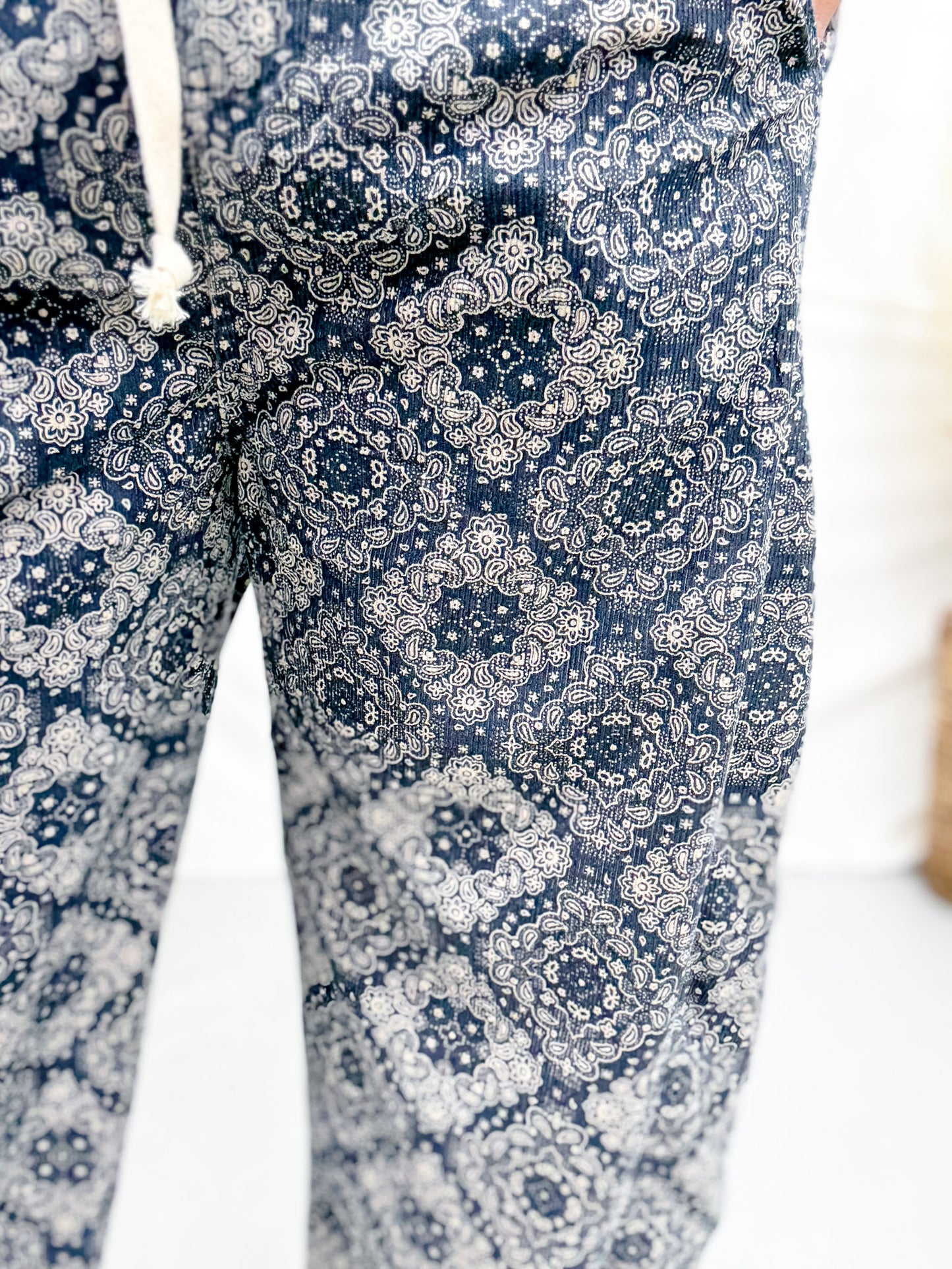 Paisley Print Corduroy Pants With Drawstring Waist