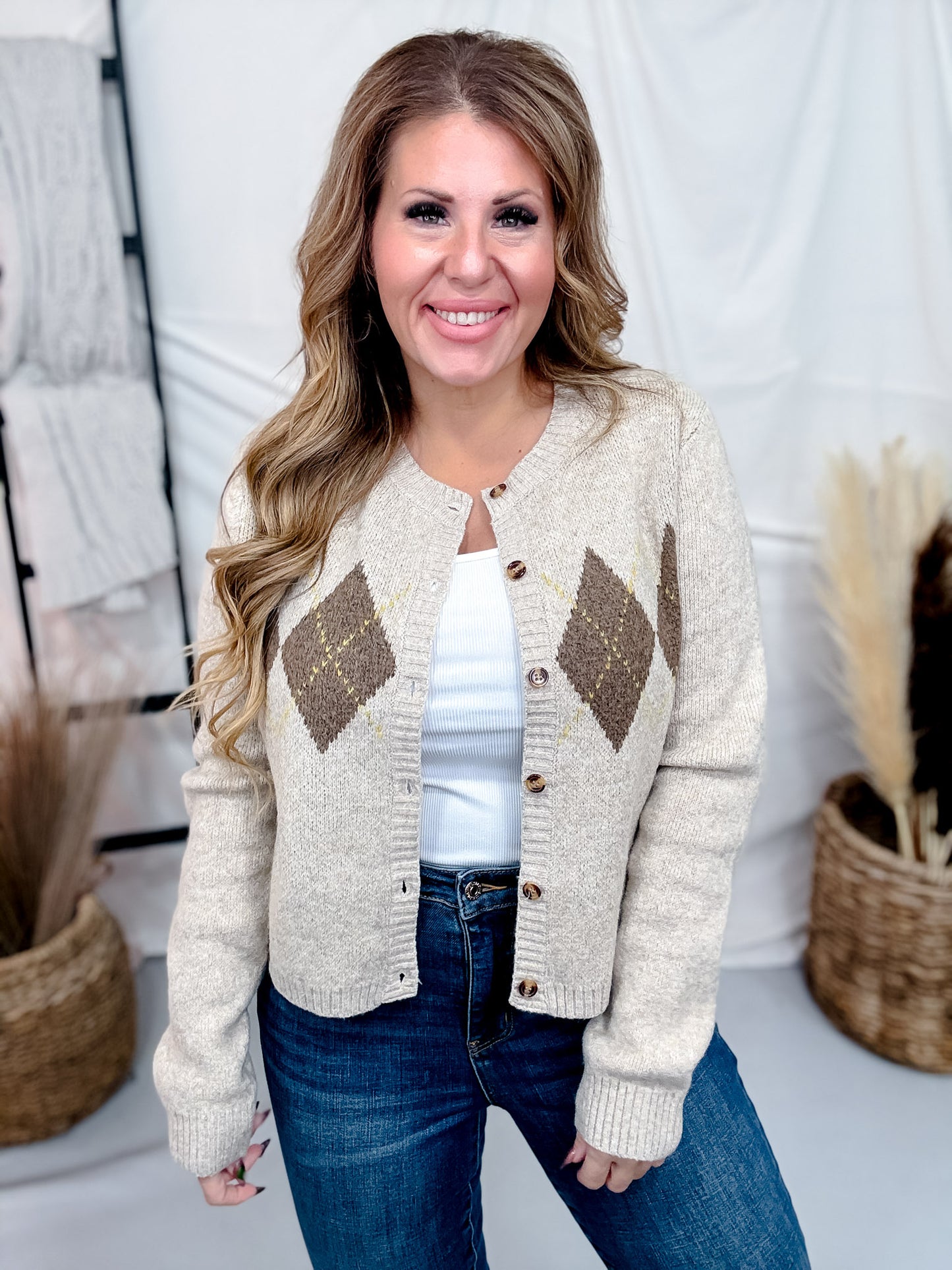 Taupe Argyle Print Button Front Cardigan