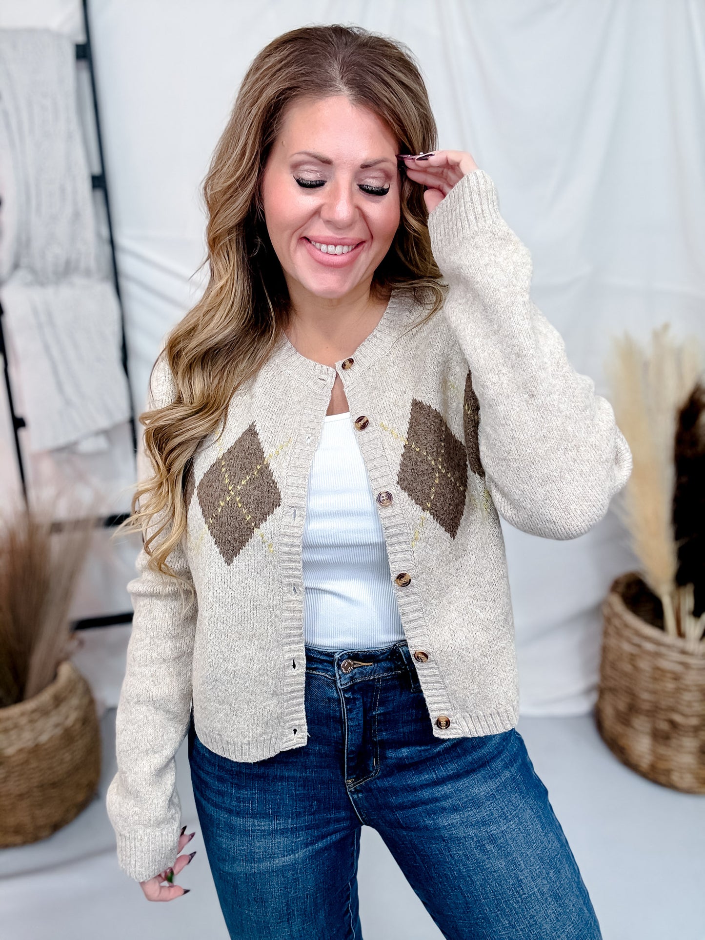 Taupe Argyle Print Button Front Cardigan