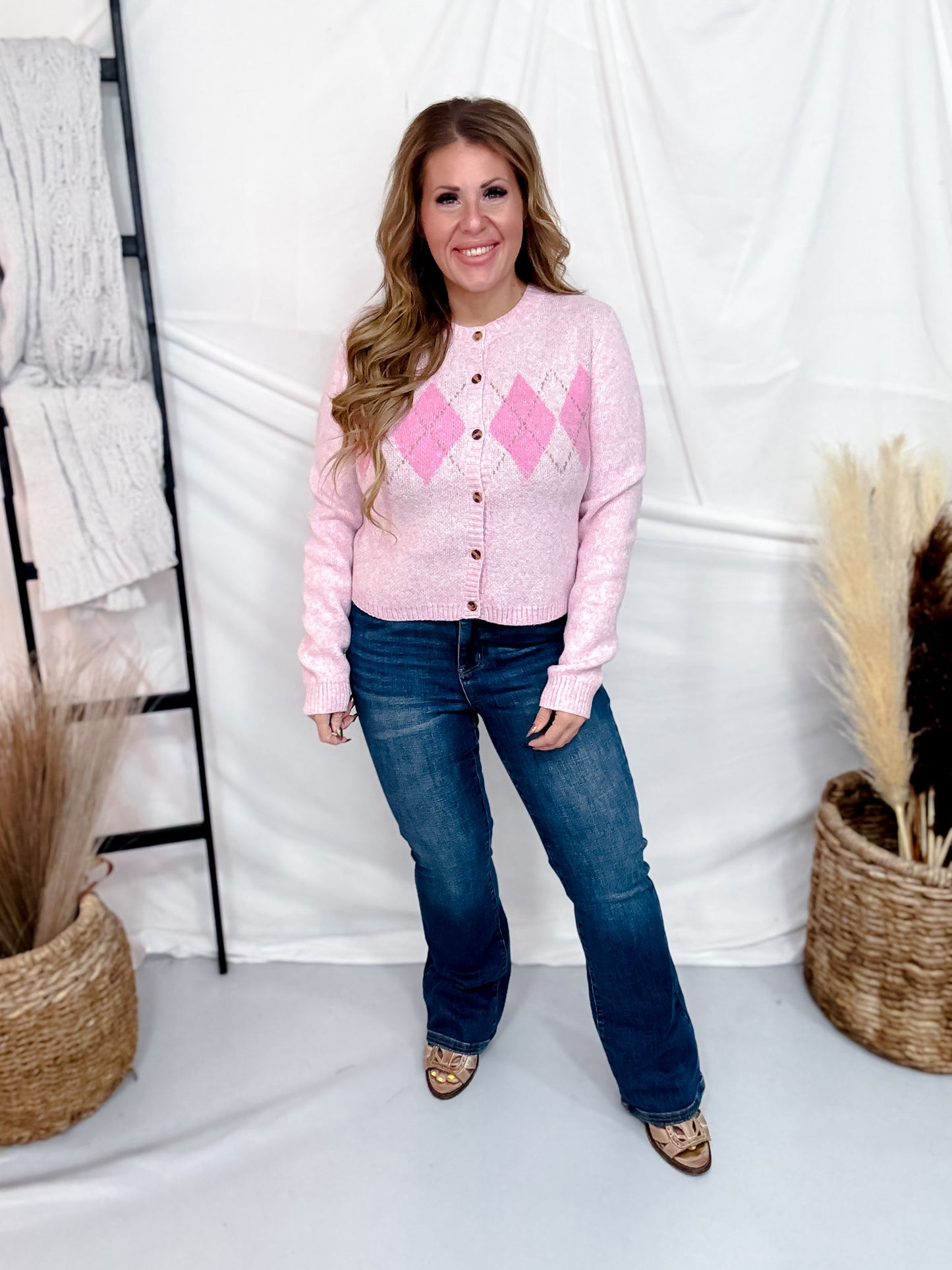 Pink Argyle Print Button Front Cardigan