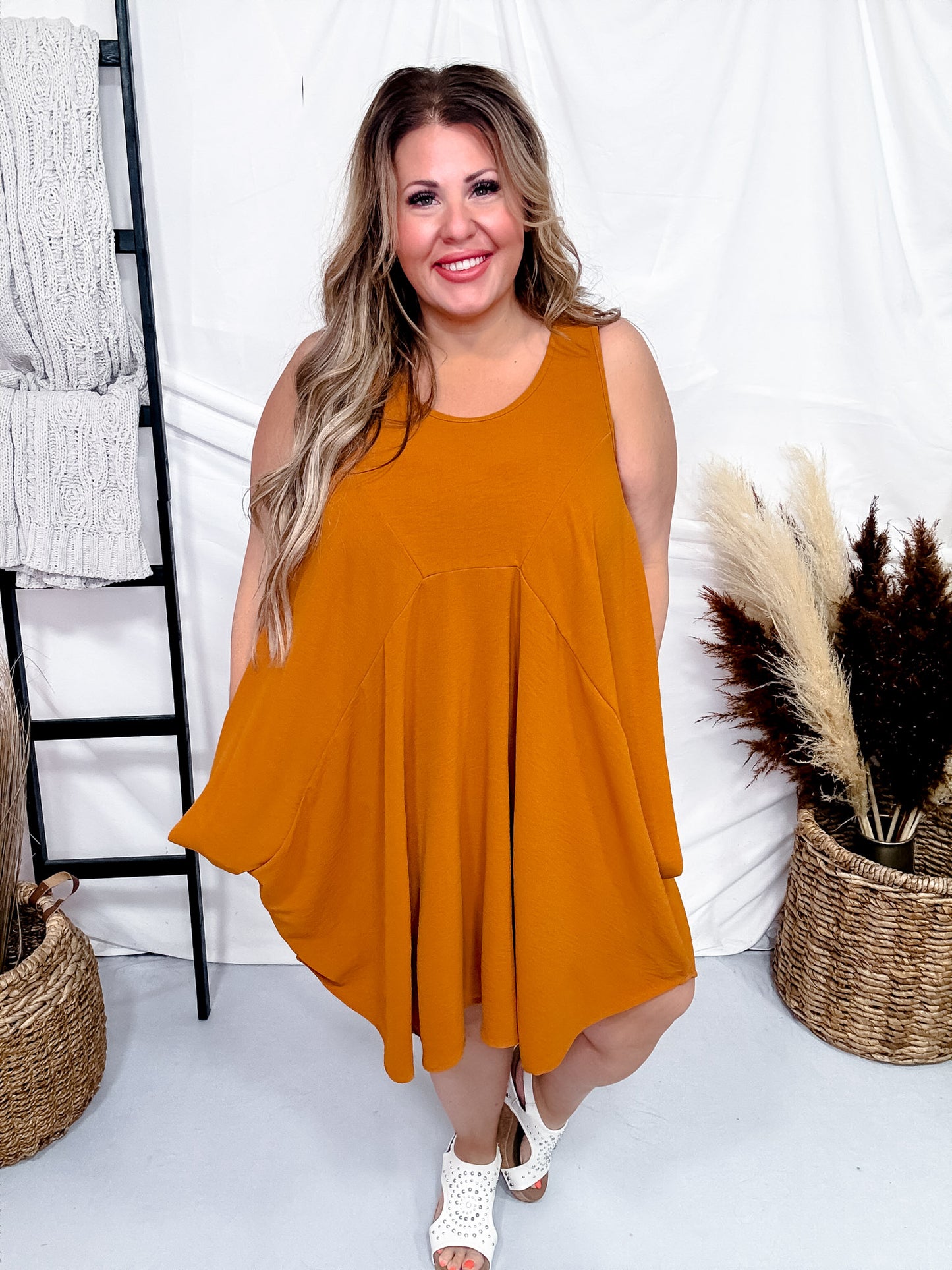 Asymmetrical Flowy Copper Colored Tank Top Dress