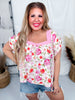Mixed Floral Print Square Neck Top with Pink Contrast
