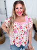 Mixed Floral Print Square Neck Top with Pink Contrast