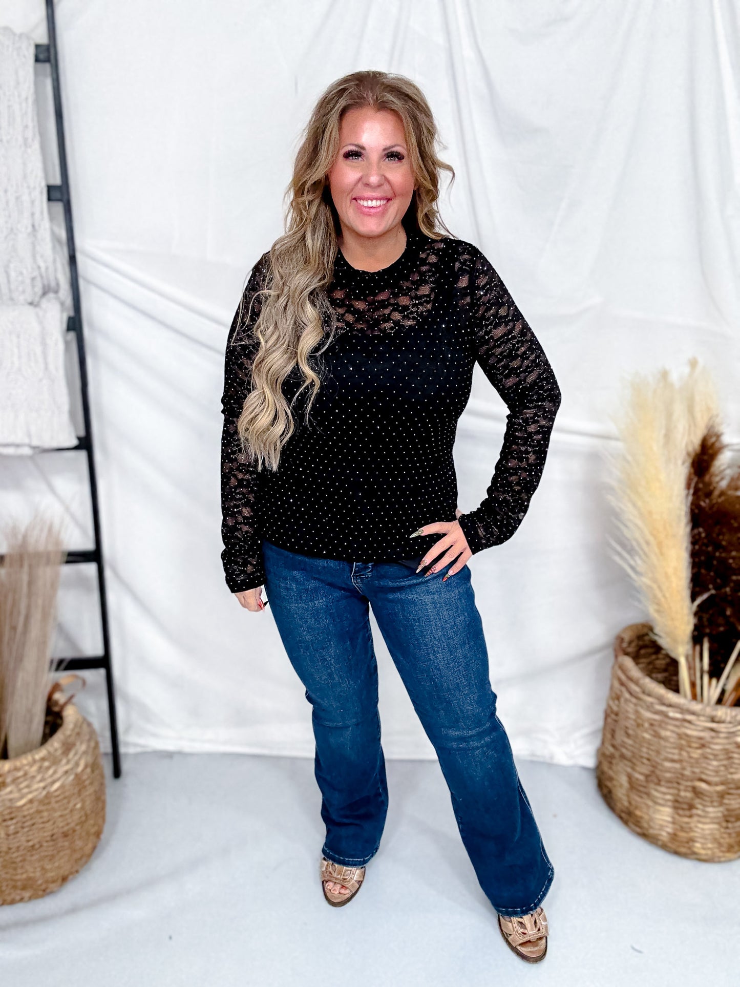 Black Floral Lace Top With Rhinestone Accents