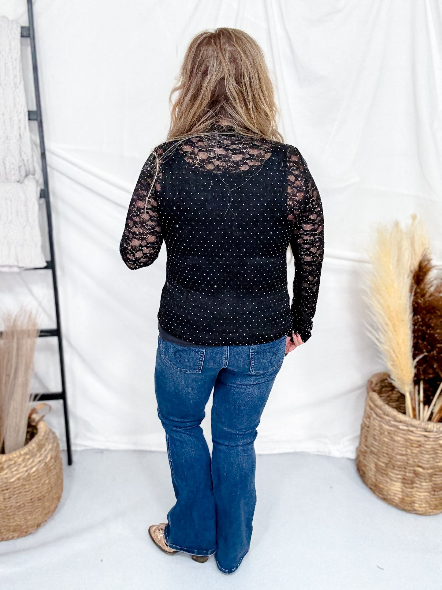Black Floral Lace Top With Rhinestone Accents