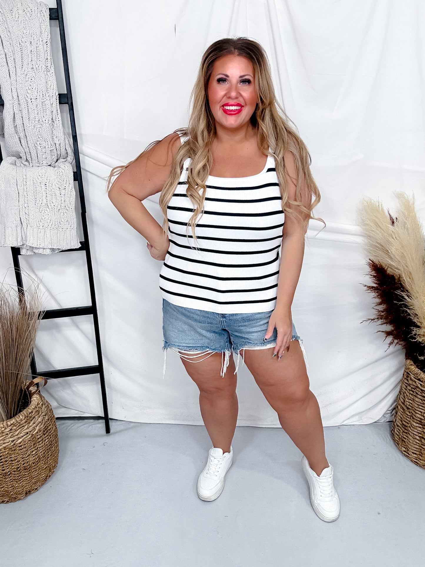 Black & White Striped Tank Top W/ A Scooped Neckline