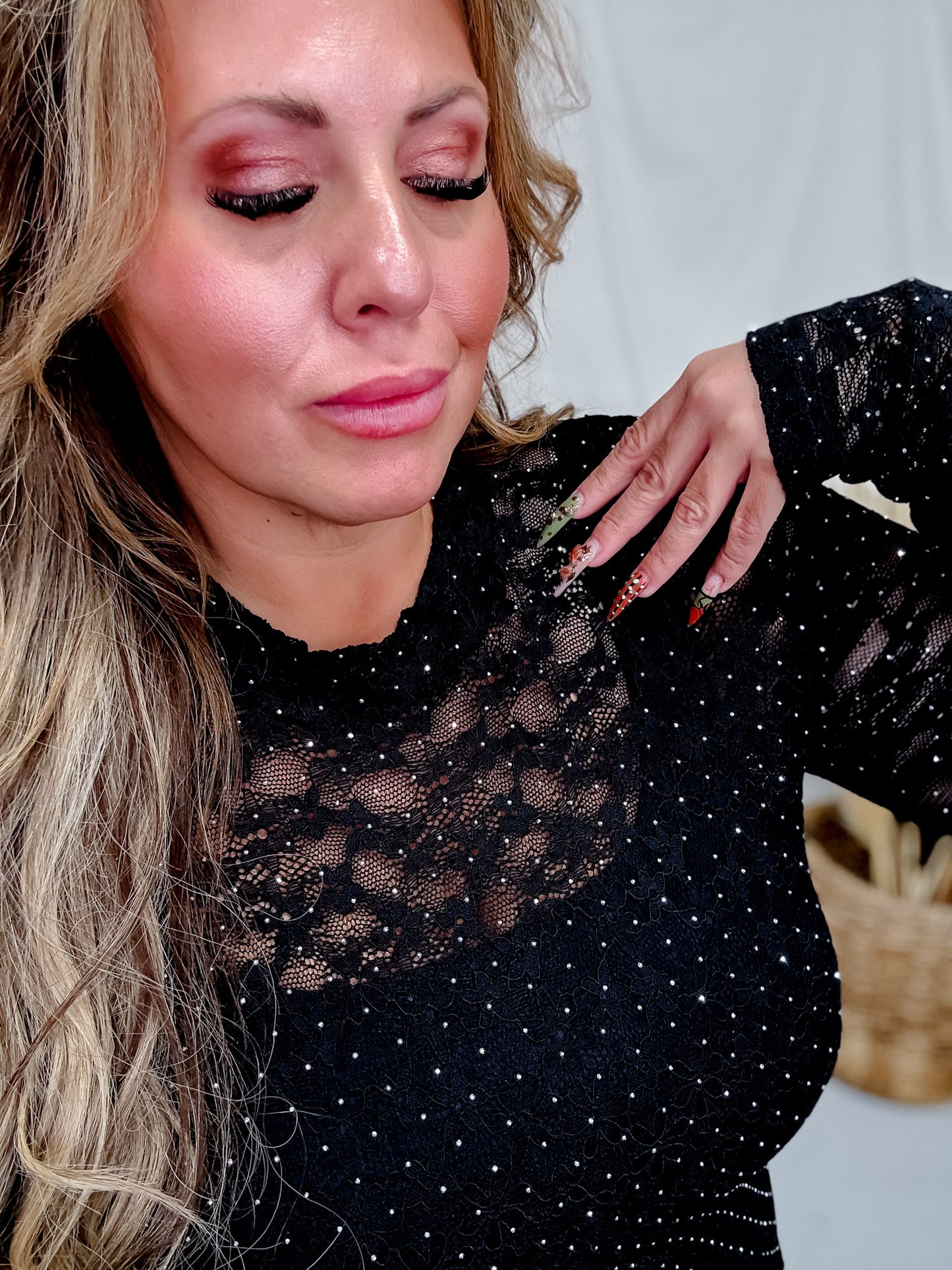 Black Floral Lace Top With Rhinestone Accents