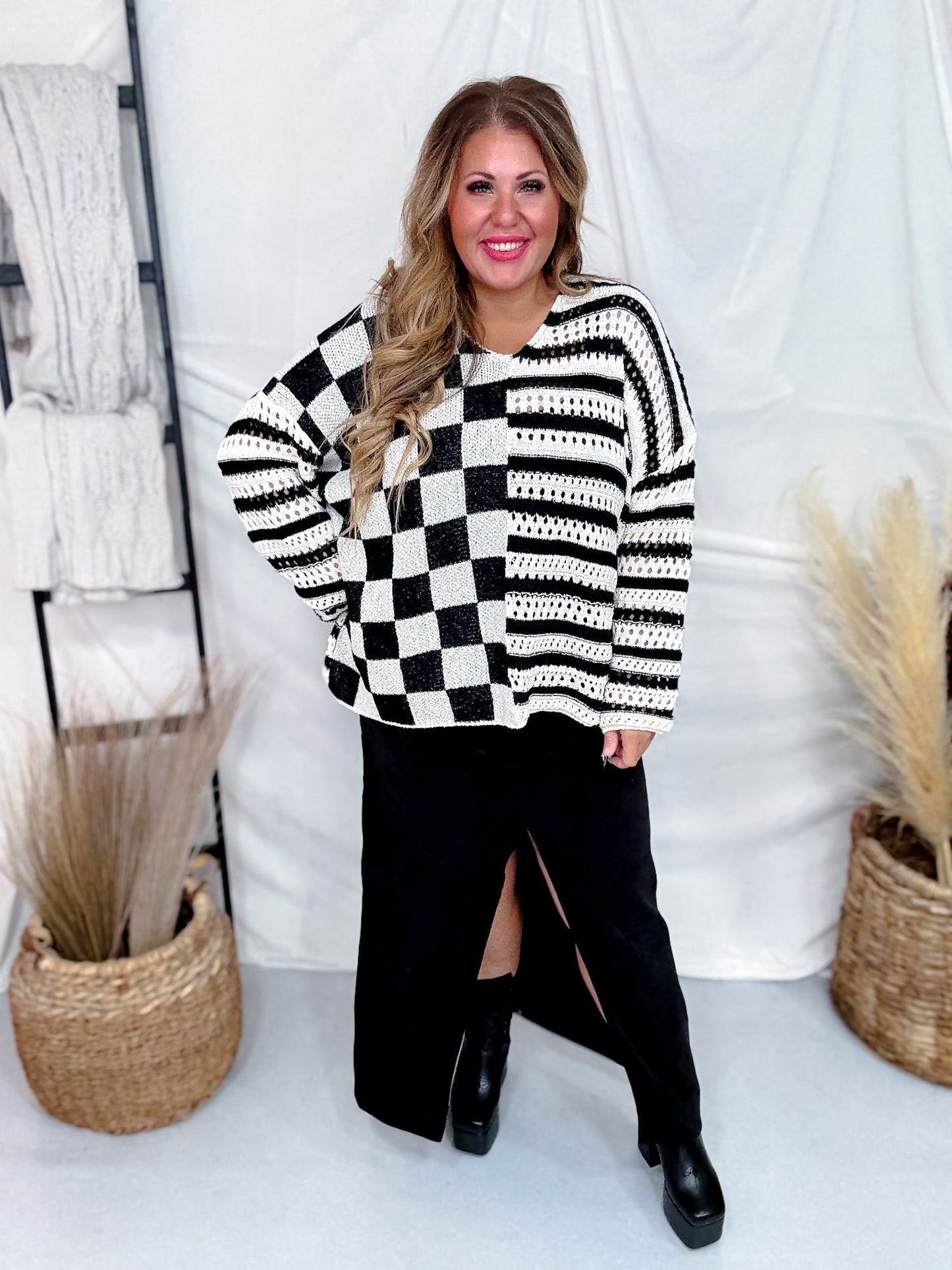 Black & White Stripes & Checkered Crocheted Long Sleeve Top