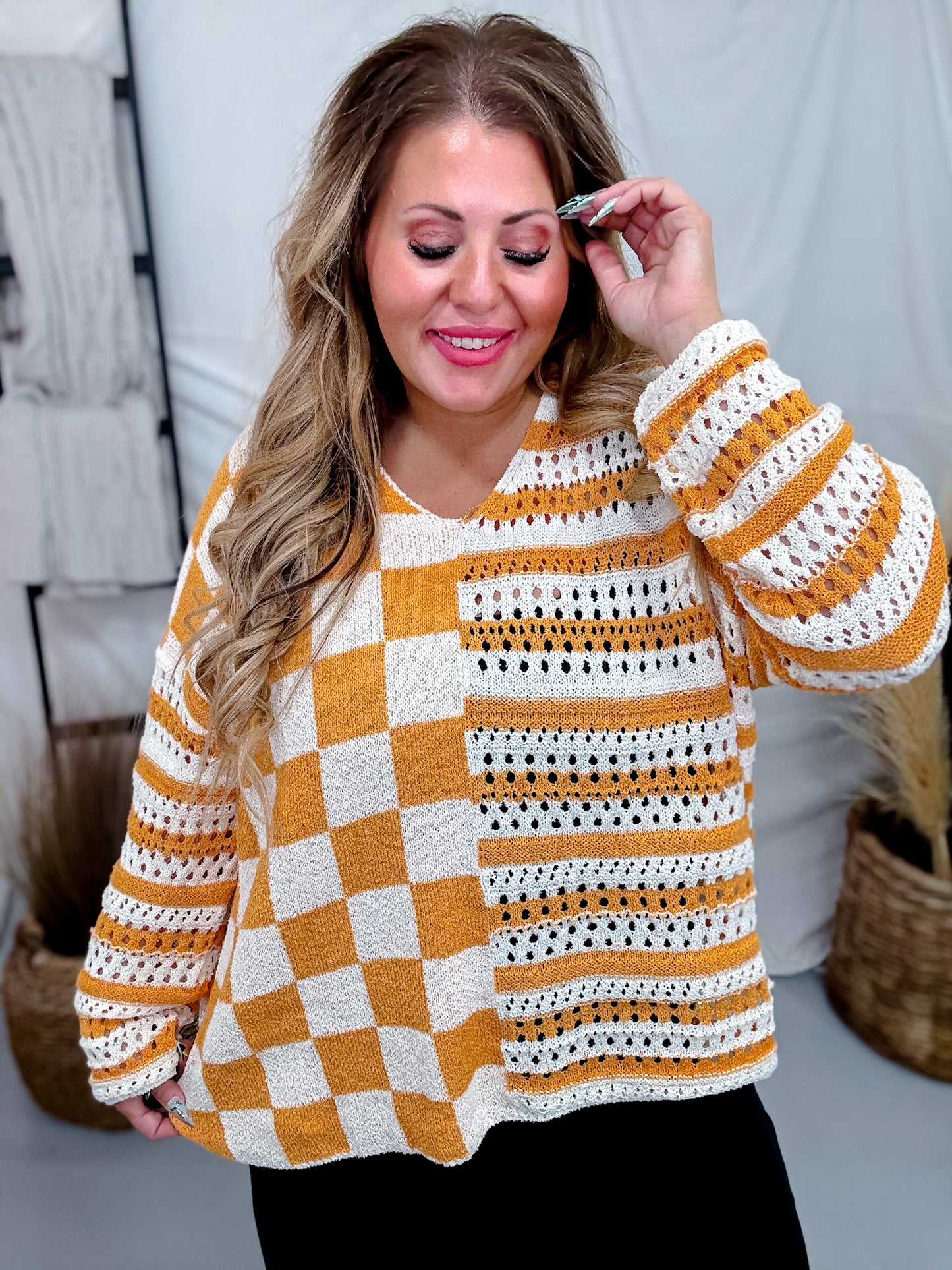 Orange Stripes & Checkered Crocheted Long Sleeve Top
