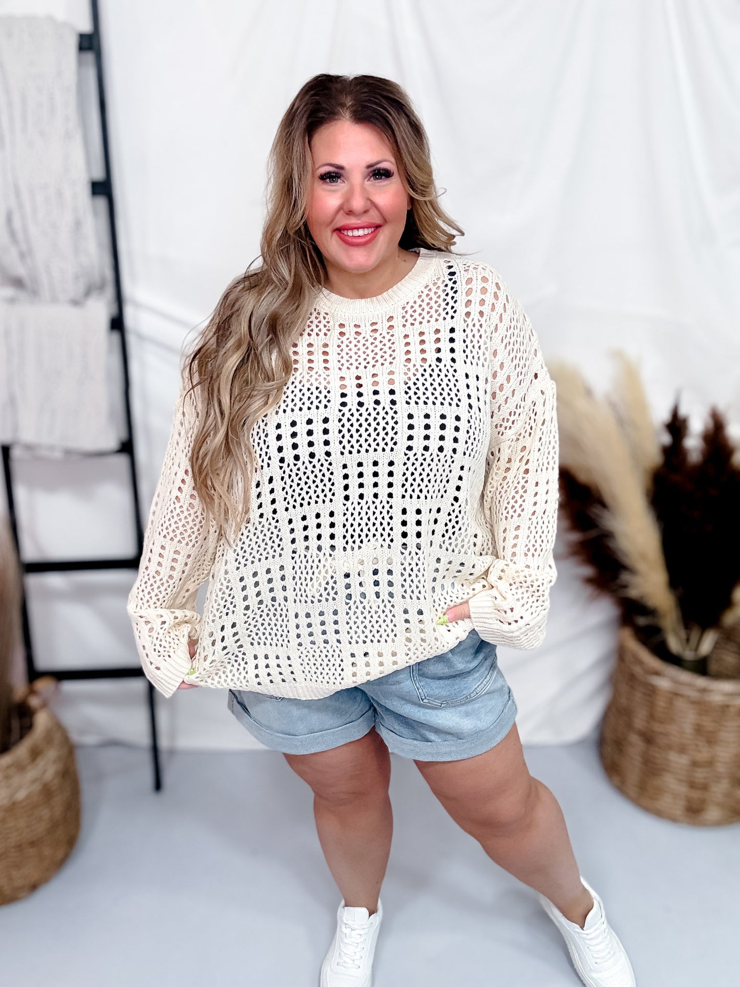 Beige Square Pattern Light Weight Sweater