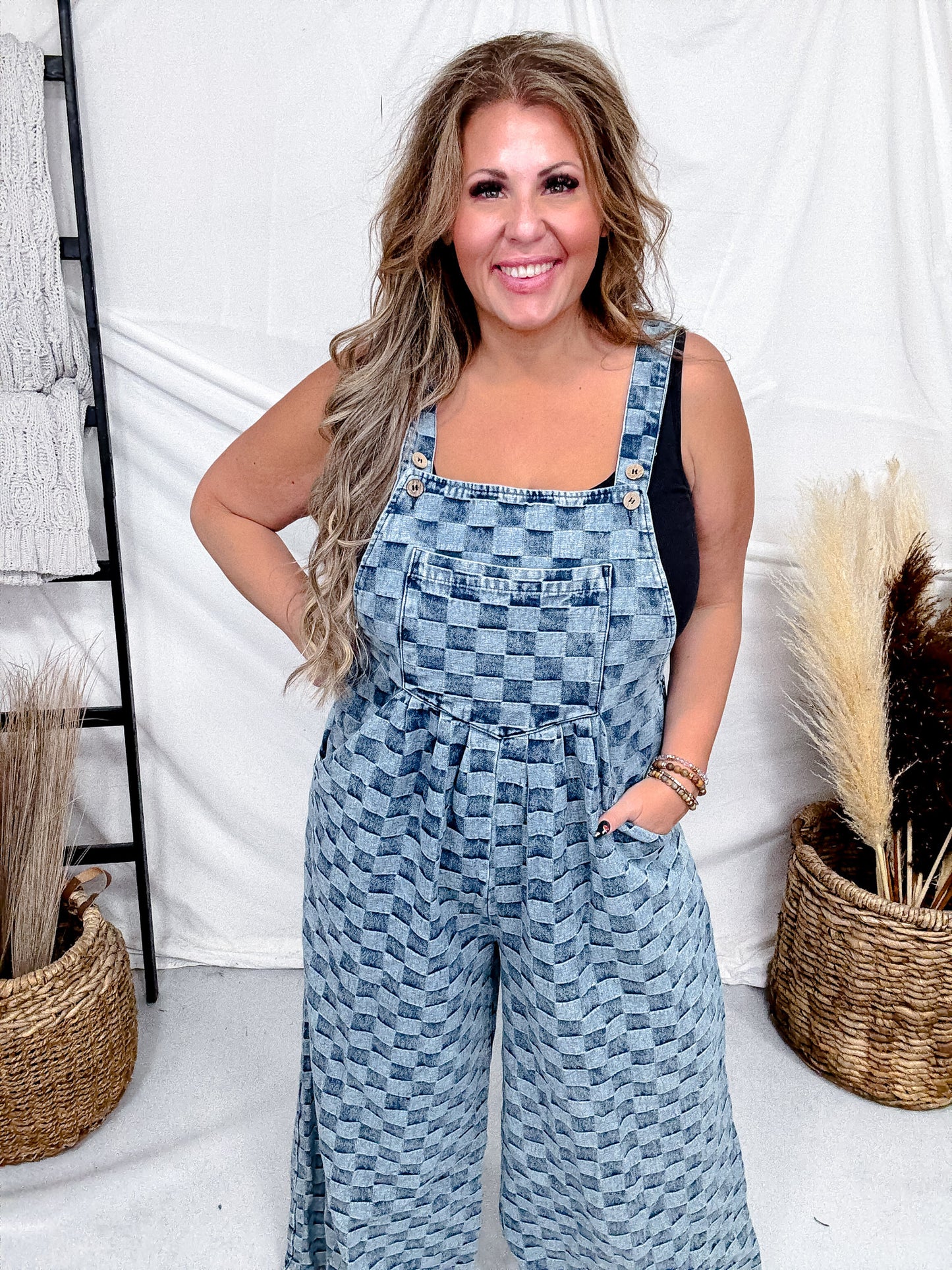 Adjustable Strap Checkered Denim Jumpsuit