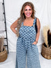 Adjustable Strap Checkered Denim Jumpsuit