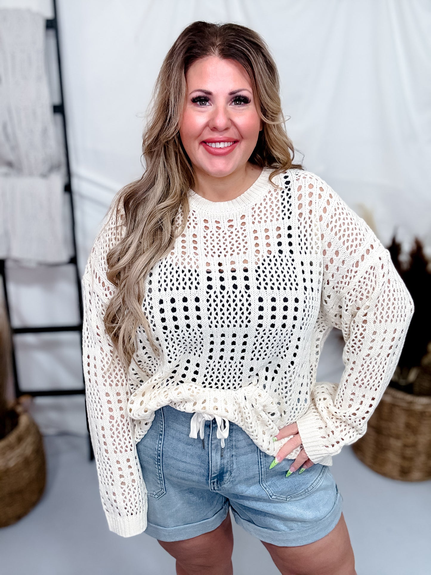 Beige Square Pattern Light Weight Sweater