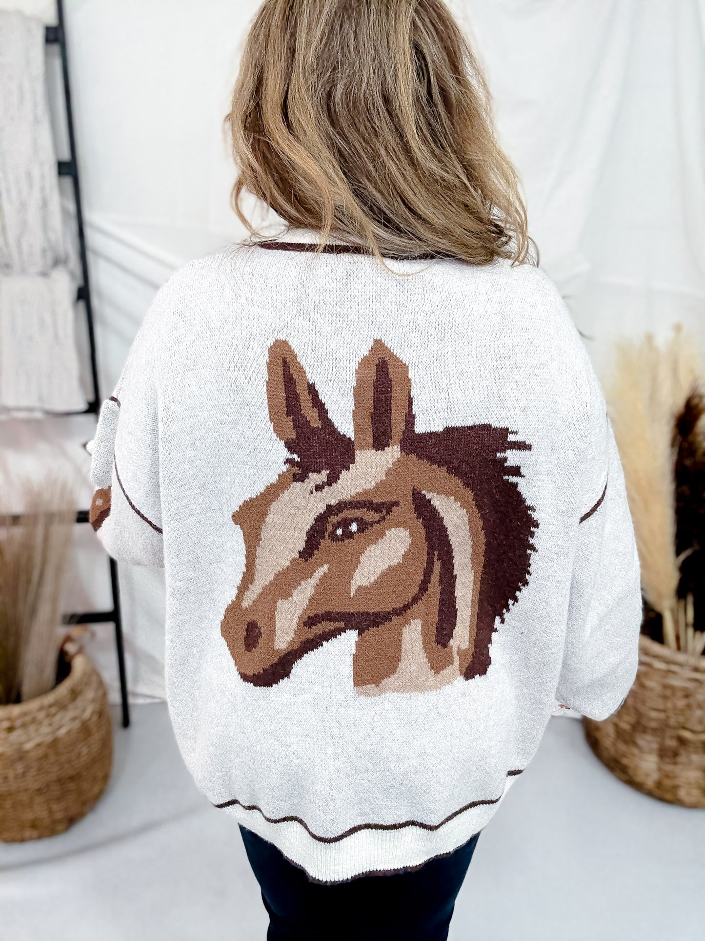 Oatmeal & Brown Button Down Horse Cardigan
