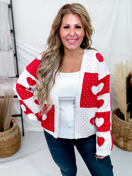 Red & White Checkerboard Heart Sweater Cardigan