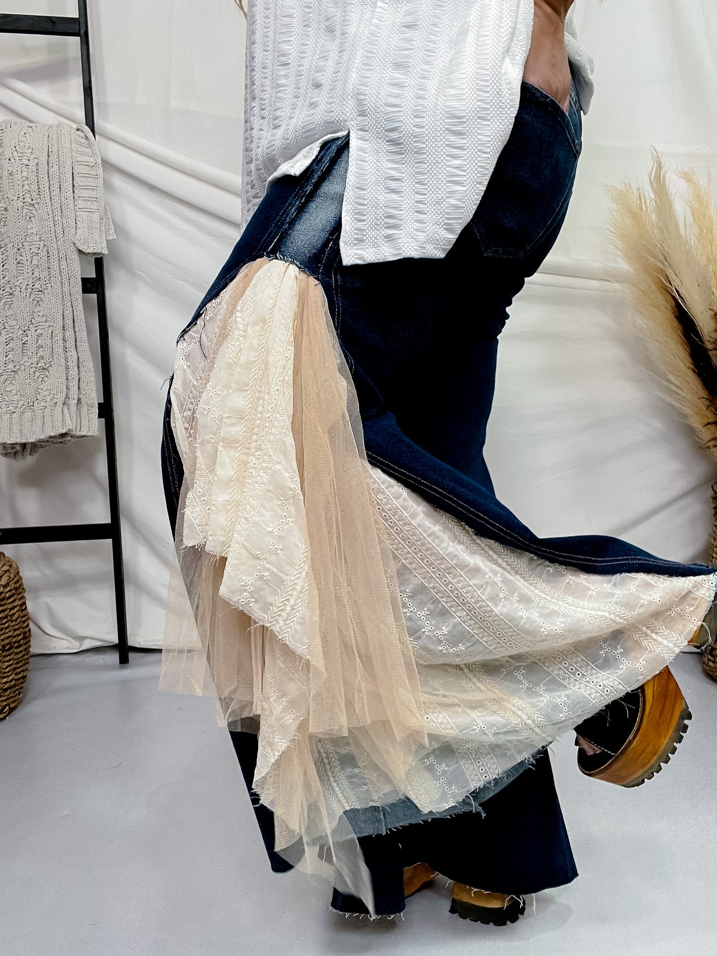 Lace & Mesh Inset Dark Denim Flare Jeans