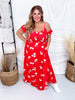 Botanical Garden Red Floral Print Maxi Dress W/ Cold Shoulder Sleeves