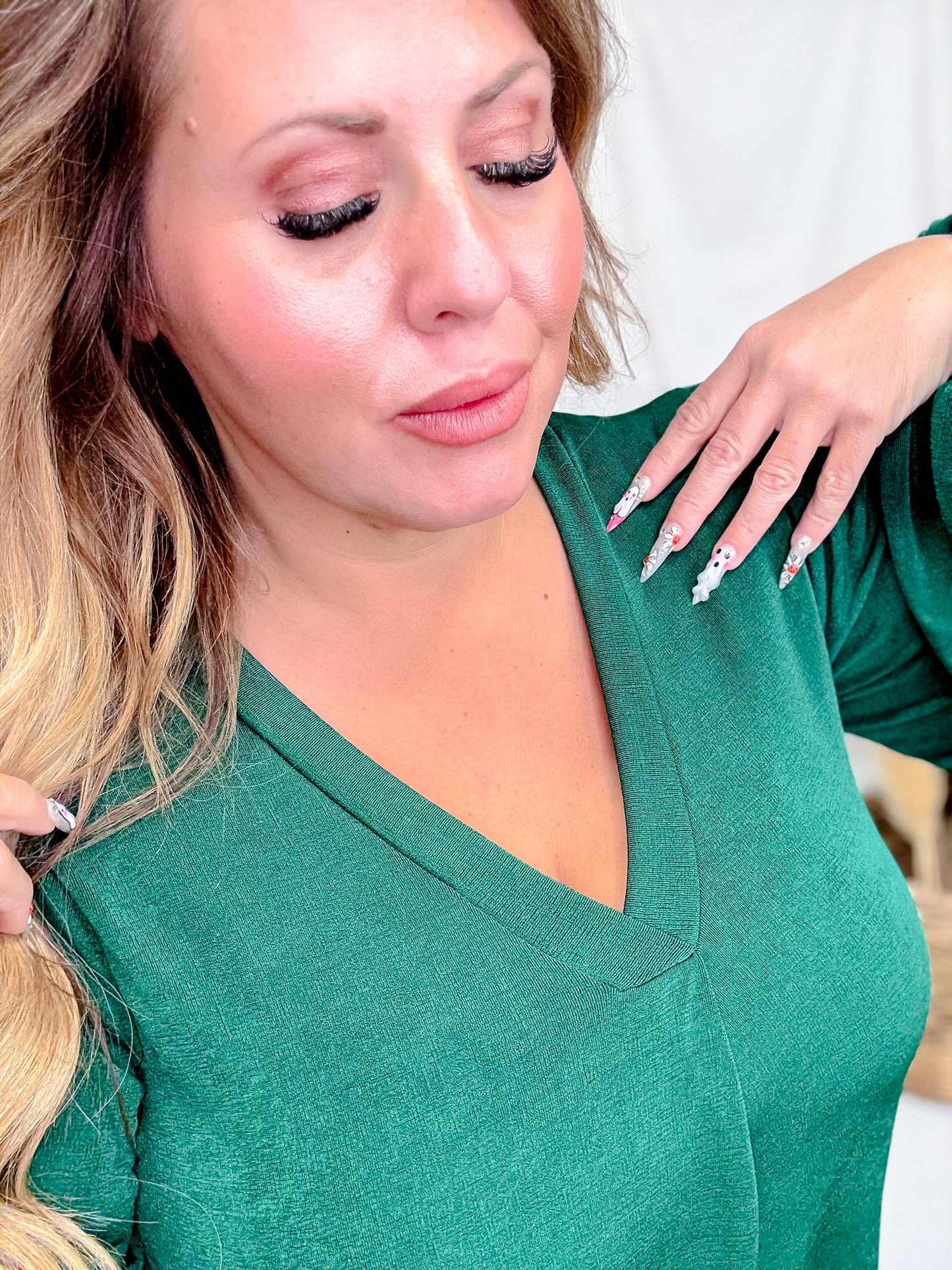 Balloon Sleeve Green V-Neck Top