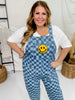 Checkered Acid Washed Denim Overalls with Smiley Patch