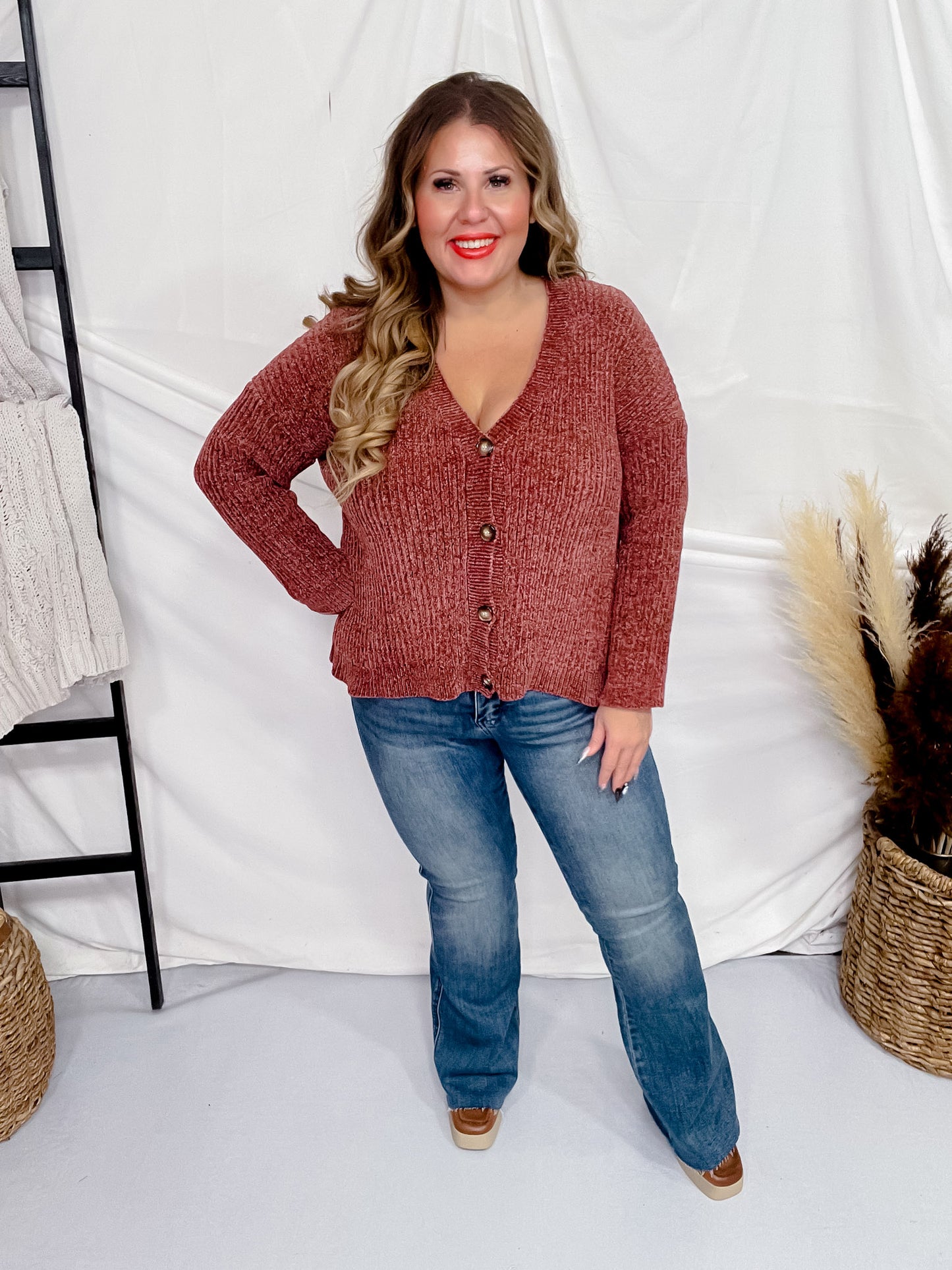 Long Sleeve Dark Mauve Button Down Sweater